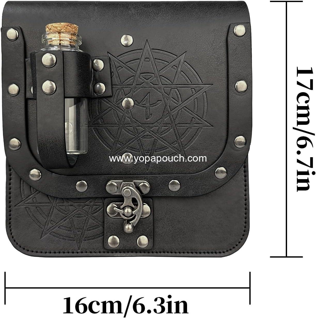 Wholesale Medieval Alchemy Faux Leather Belt Bag with Cork Potion Vials, Fantasy Wizard Waist Pouch Side Pack for Halloween, Black Color - Supplier