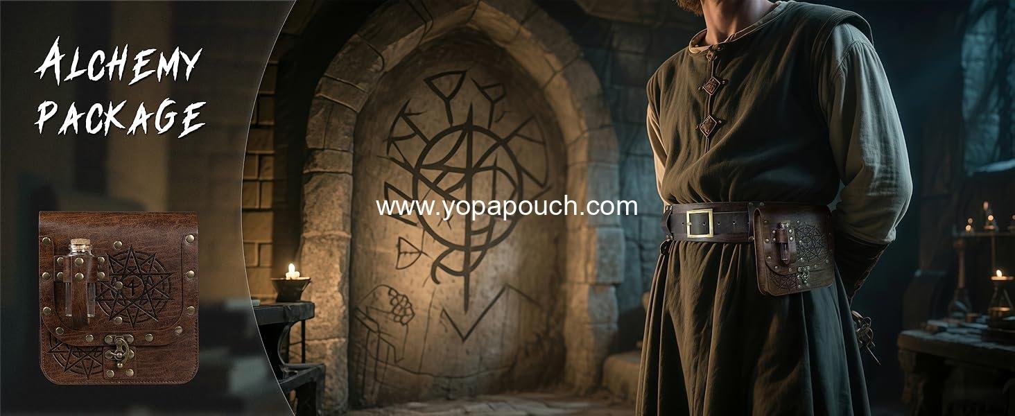 Wholesale Medieval Alchemy Faux Leather Belt Bag with Cork Potion Vials, Fantasy Wizard Waist Pouch Side Pack for Halloween, Black Color - Supplier