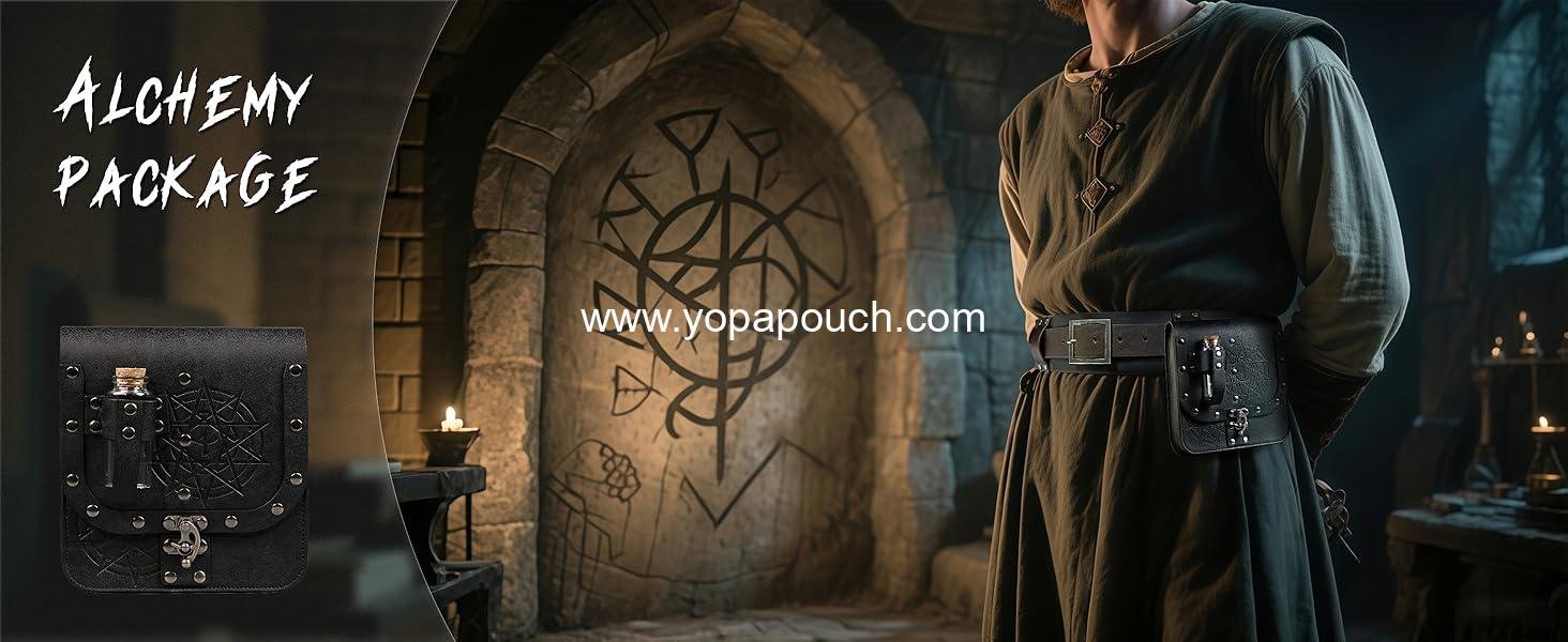 Wholesale Medieval Alchemy Faux Leather Belt Bag with Cork Potion Vials, Fantasy Wizard Waist Pouch Side Pack for Halloween, Black Color - Supplier