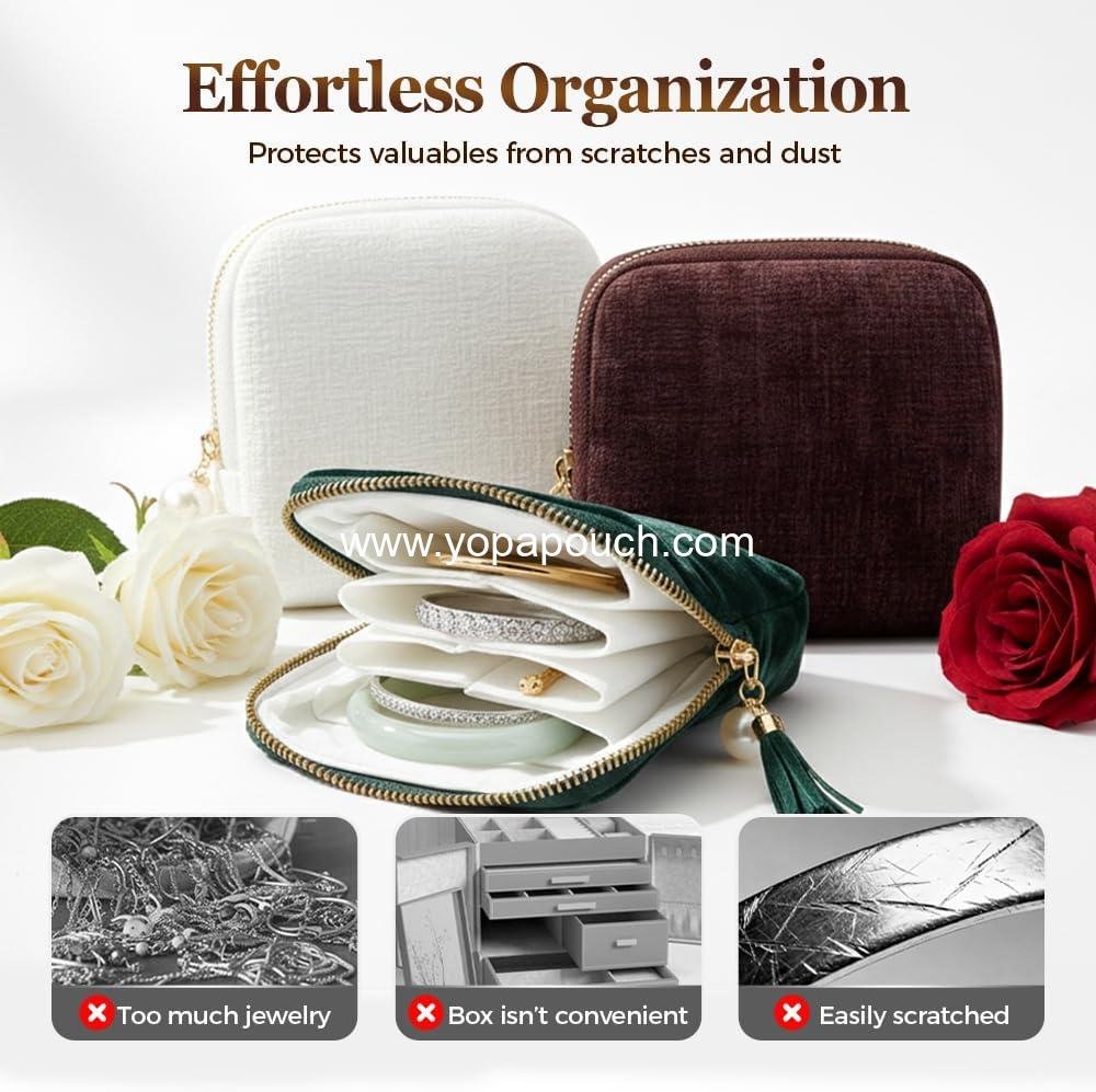 Wholesale Travel Jewelry Case - Portable Zippered Pocket Organizer for Bracelets, Rings, and Earrings - Velvet Storage Bag (Green) - Supplier