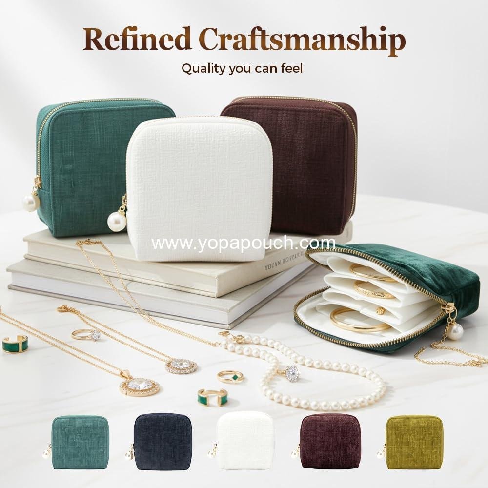 Wholesale Travel Jewelry Case - Portable Zippered Pocket Organizer for Bracelets, Rings, and Earrings - Velvet Storage Bag (Green) - Supplier