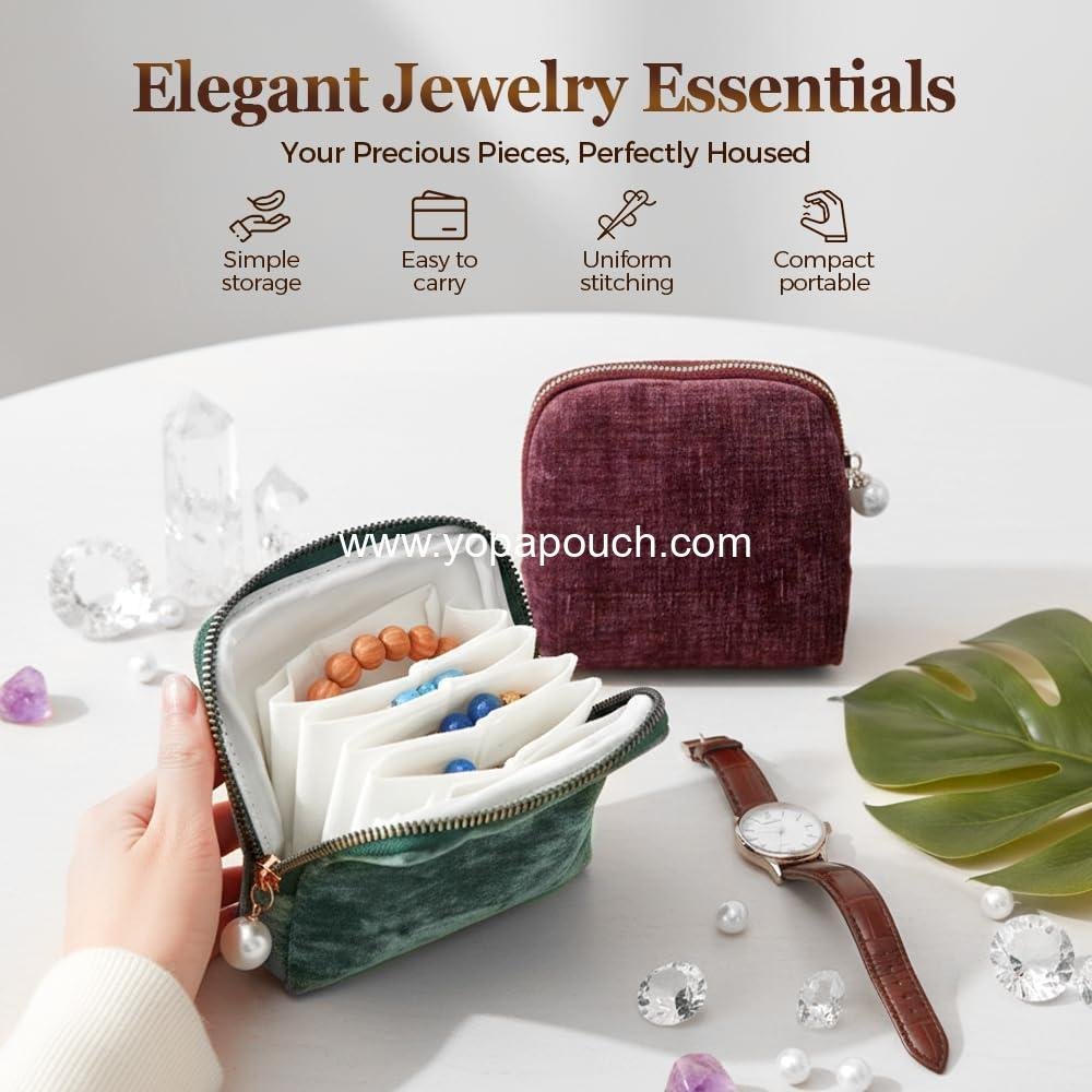 Wholesale Travel Jewelry Case - Portable Zippered Pocket Organizer for Bracelets, Rings, and Earrings - Velvet Storage Bag (Green) - Supplier