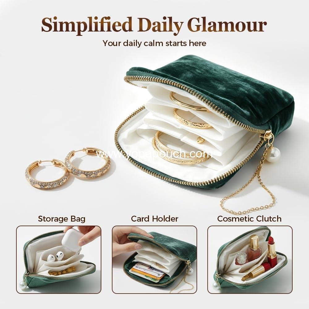 Wholesale Travel Jewelry Case - Portable Zippered Pocket Organizer for Bracelets, Rings, and Earrings - Velvet Storage Bag (Green) - Supplier