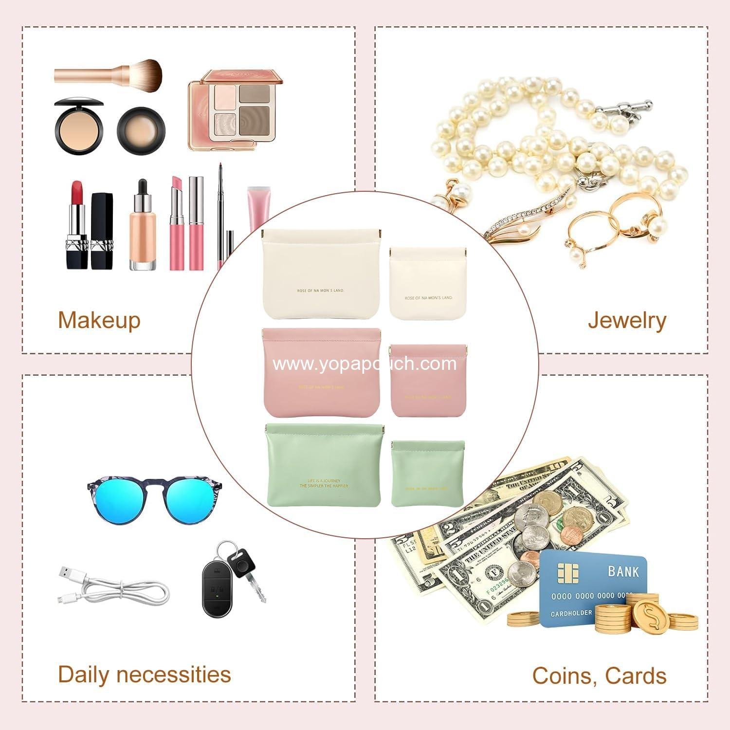 Wholesale 6 Pack Small Makeup Bags for Purse, Snap Closure Leather Organizer Pouch, Portable Mini Storage Bags in Two Sizes (Green + Pink + White) - Supplier