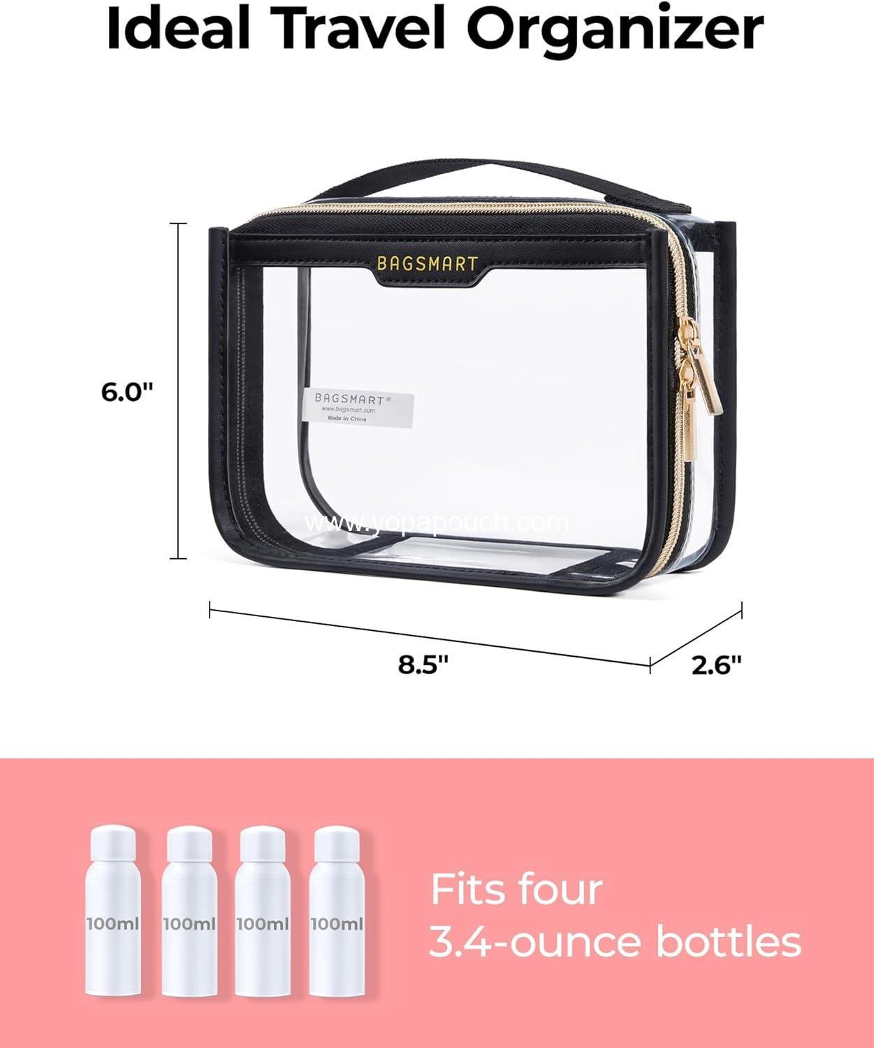 Wholesale Clear Travel Toiletry Bag, TSA Approved Cosmetic Pouch for Women, Quart Size Organizer for Travel Essentials (Black, Pack of 1) Supplier