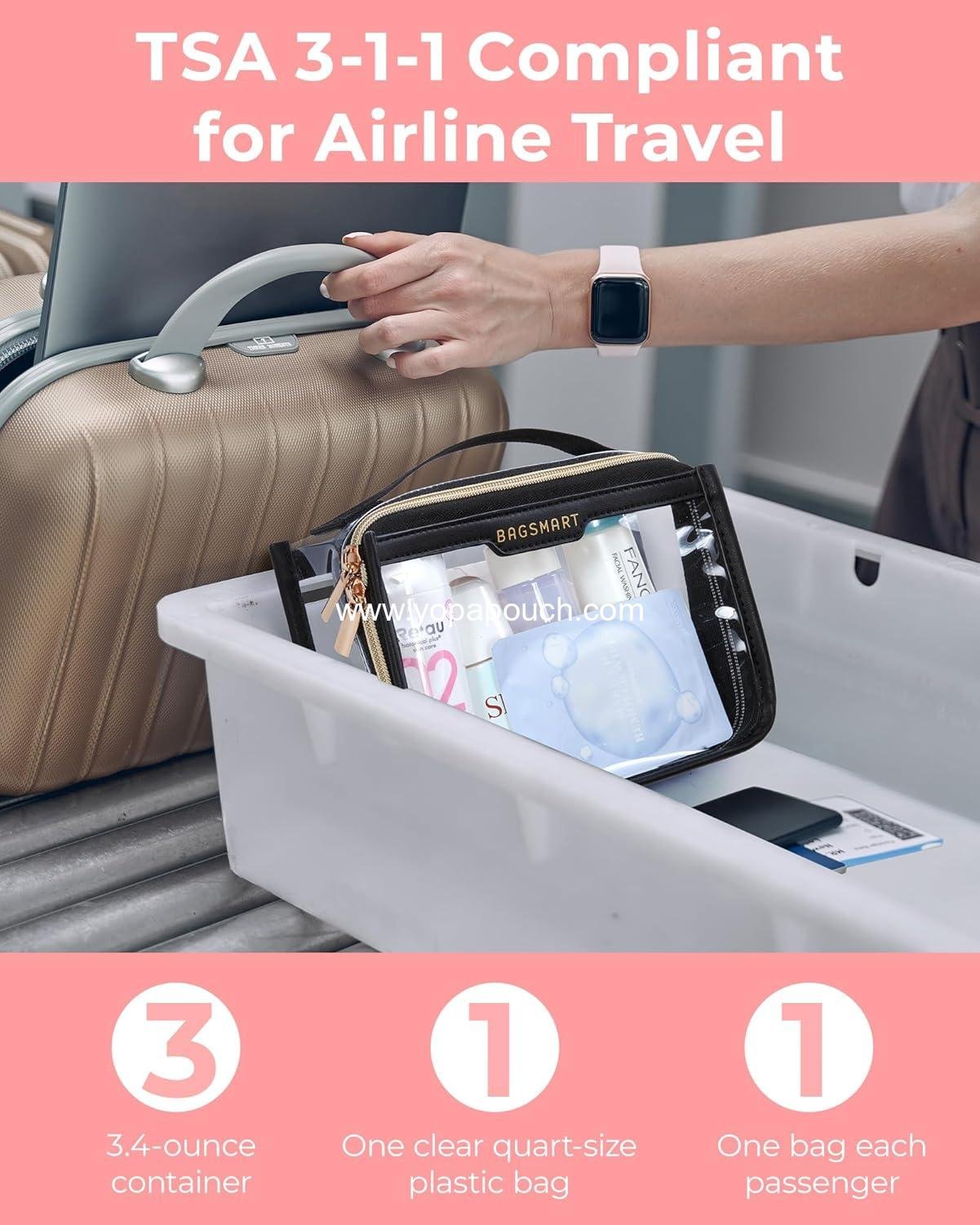 Wholesale Clear Travel Toiletry Bag, TSA Approved Cosmetic Pouch for Women, Quart Size Organizer for Travel Essentials (Black, Pack of 1) Supplier