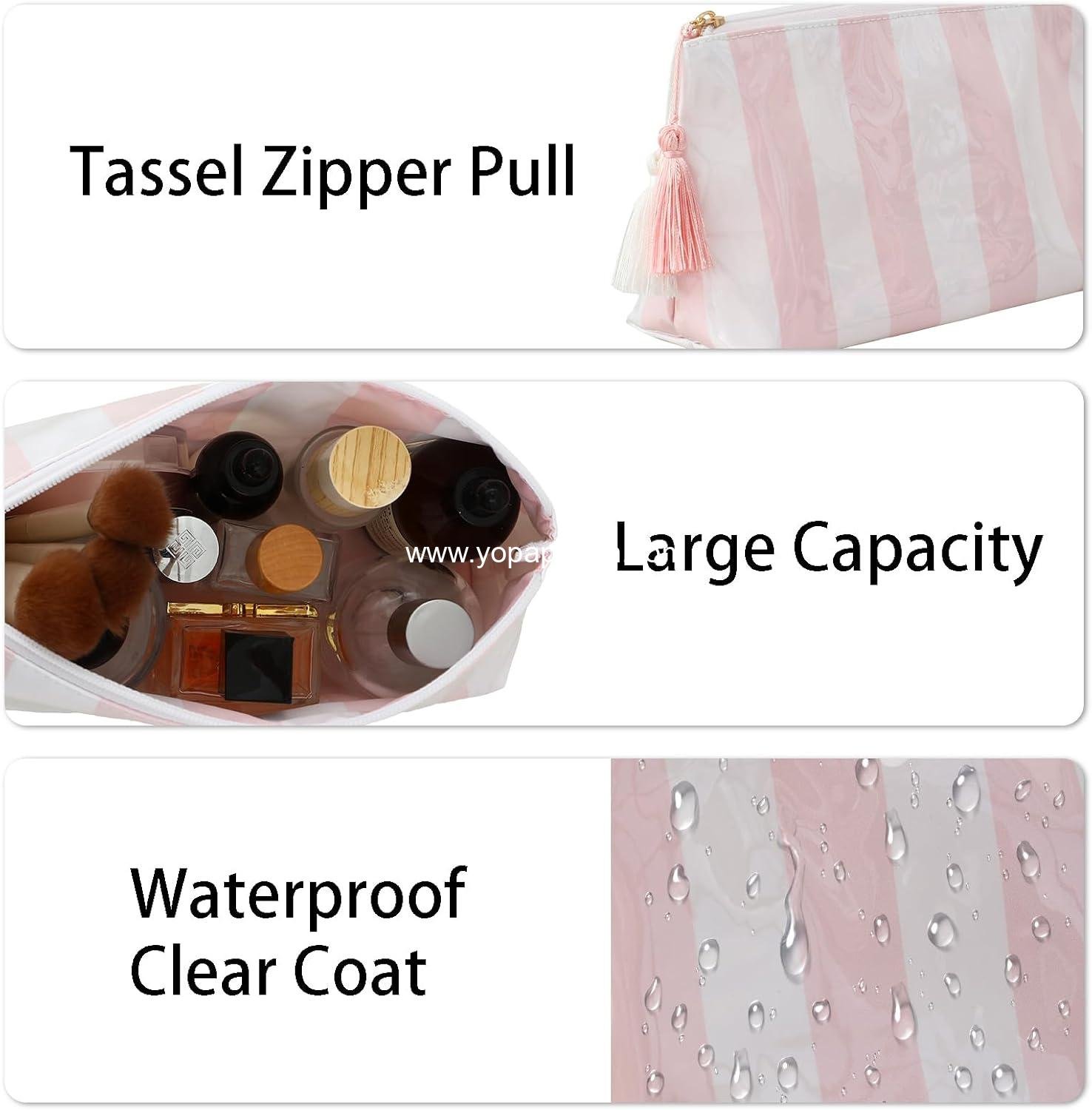 Wholesale Small Clear Coated Cosmetic Bags, Waterproof Travel Organizer Zipper Pouch for Women and Girls, Perfect for Beach Vacation Essentials (White-Pink) - Supplier