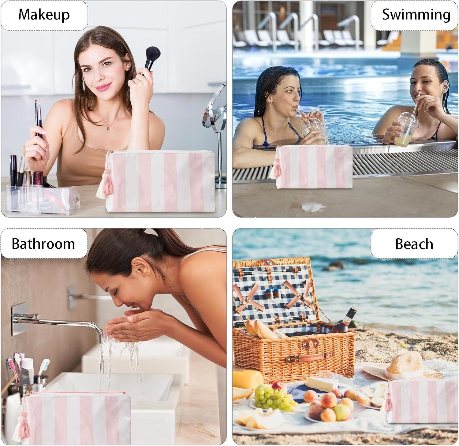 Wholesale Small Clear Coated Cosmetic Bags, Waterproof Travel Organizer Zipper Pouch for Women and Girls, Perfect for Beach Vacation Essentials (White-Pink) - Supplier