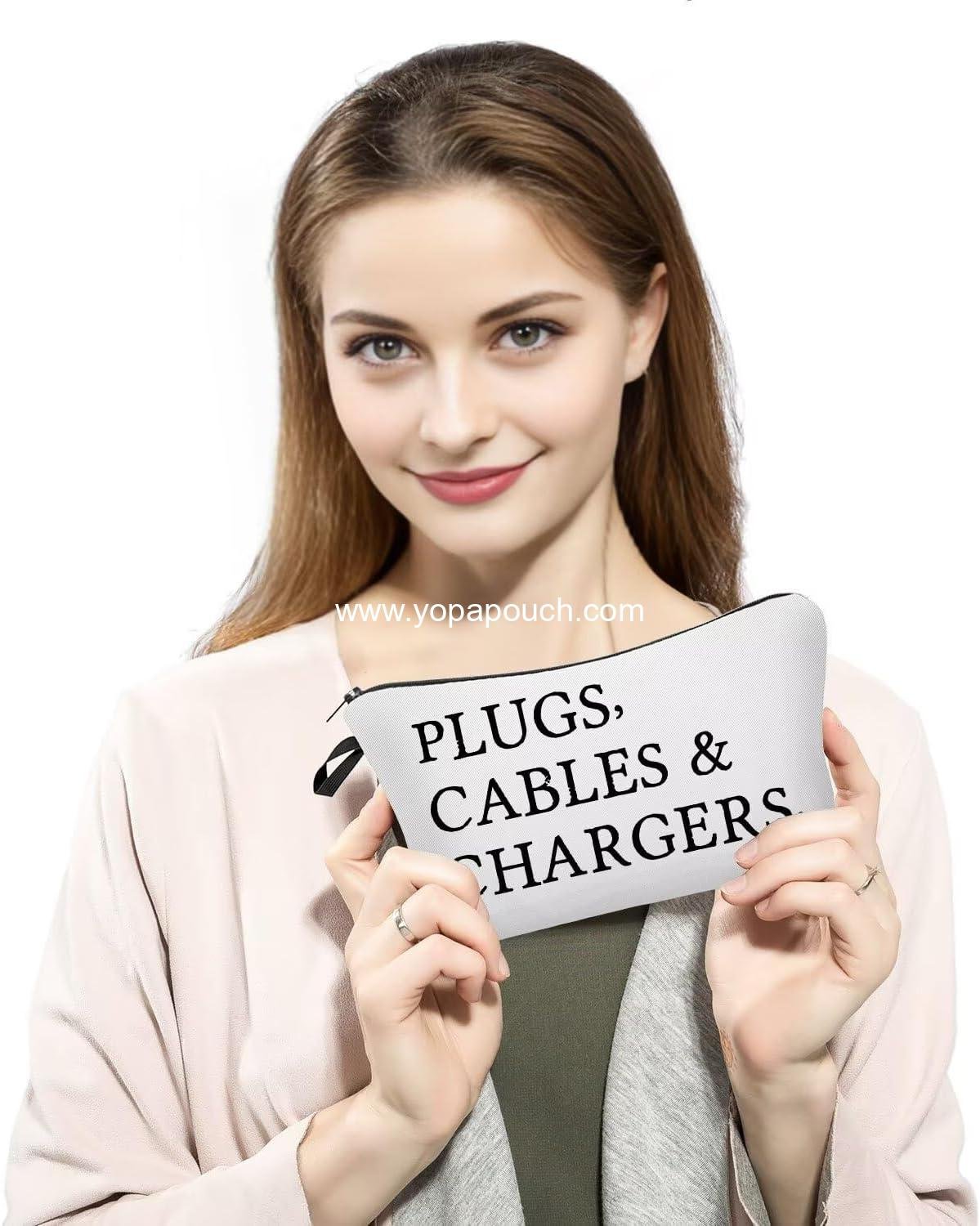 Wholesale Small Zipper Cosmetic Bag for Women - Travel Organizer Makeup and Toiletry Kit with PLUGS, CABLES & CHARGERS Text Print - Supplier