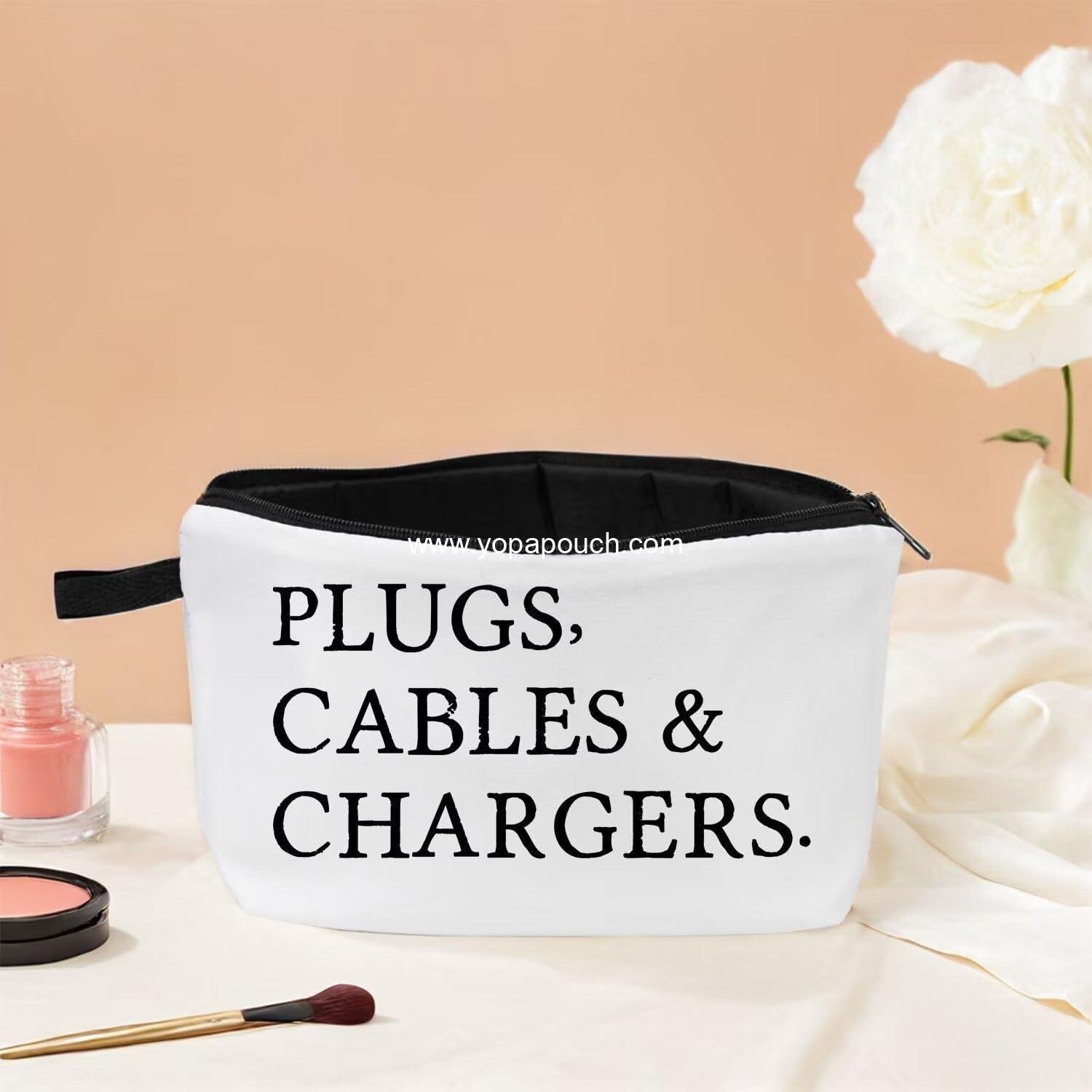 Wholesale Small Zipper Cosmetic Bag for Women - Travel Organizer Makeup and Toiletry Kit with PLUGS, CABLES & CHARGERS Text Print - Supplier