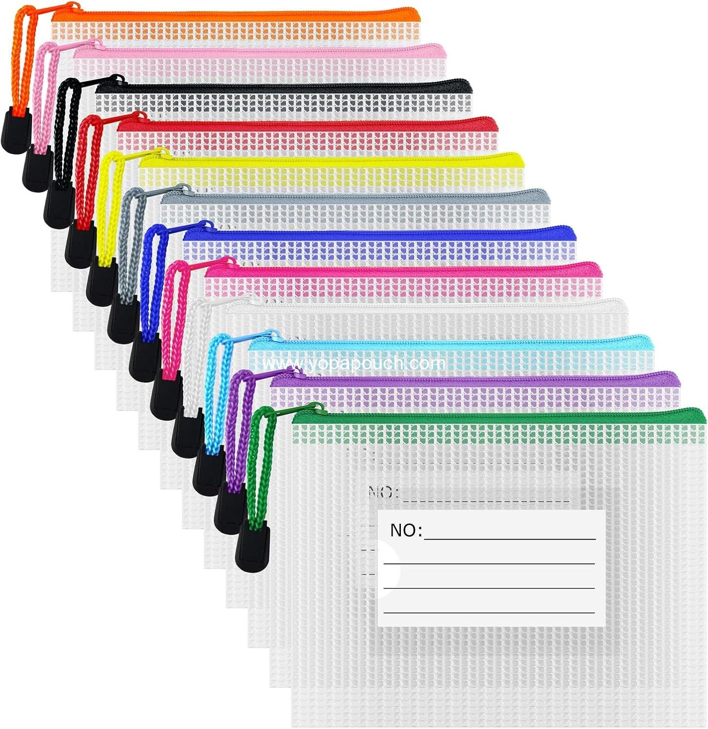 Wholesale Plastic Mesh Zipper Pouch - 12 Pcs Zipper File Bags with Label Pocket, Waterproof Document Storage for Office, Home, Travel, and Cosmetics (A6 Size 6.3x4.7 in) - Supplier