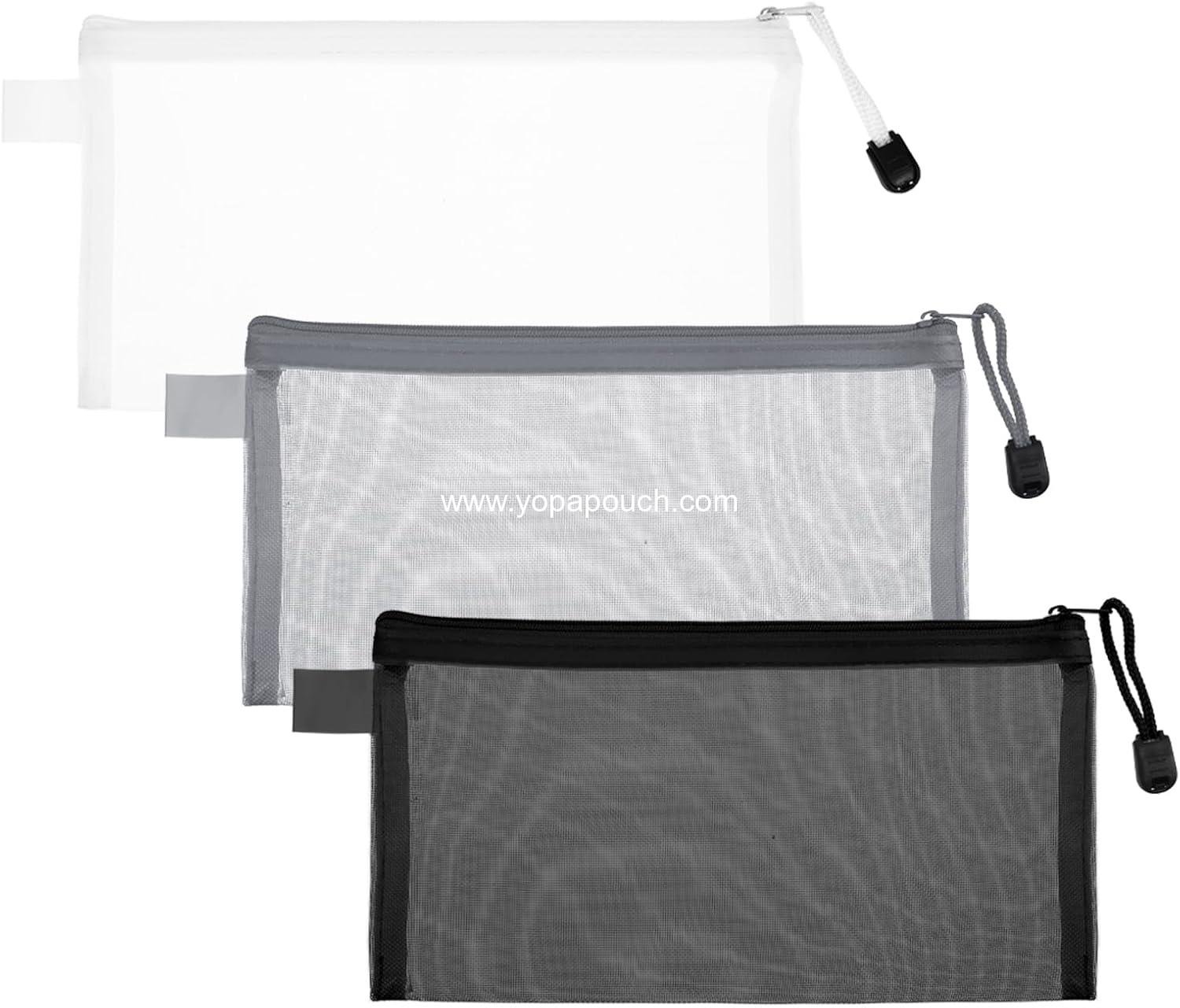 OEM 3 Pack Mesh Makeup Bags - Small Zipper Pouches for Cosmetics, Toiletries, and Pencil Cases (White, Black, Gray) - Travel Organizer Supplier