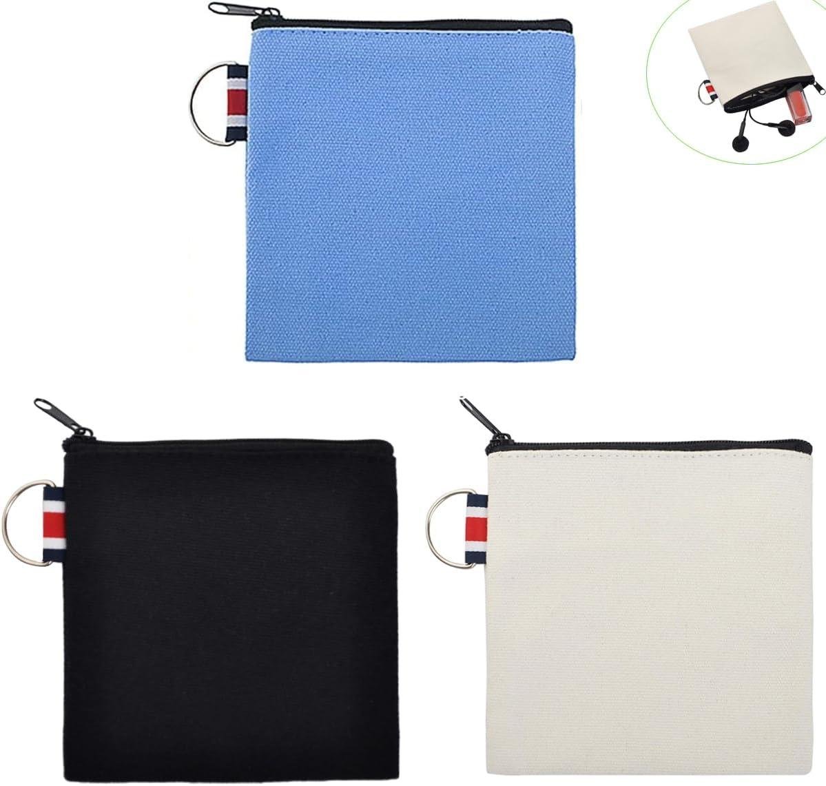 OEM 3 Pack Small Canvas Zipper Pouch with Hanging Ring - Square Pocket Travel Storage Organizer Case for Makeup, Lipstick, Coins, Earphones, Charger Cables - Mini Toiletry Bag - Wholesale Supplier