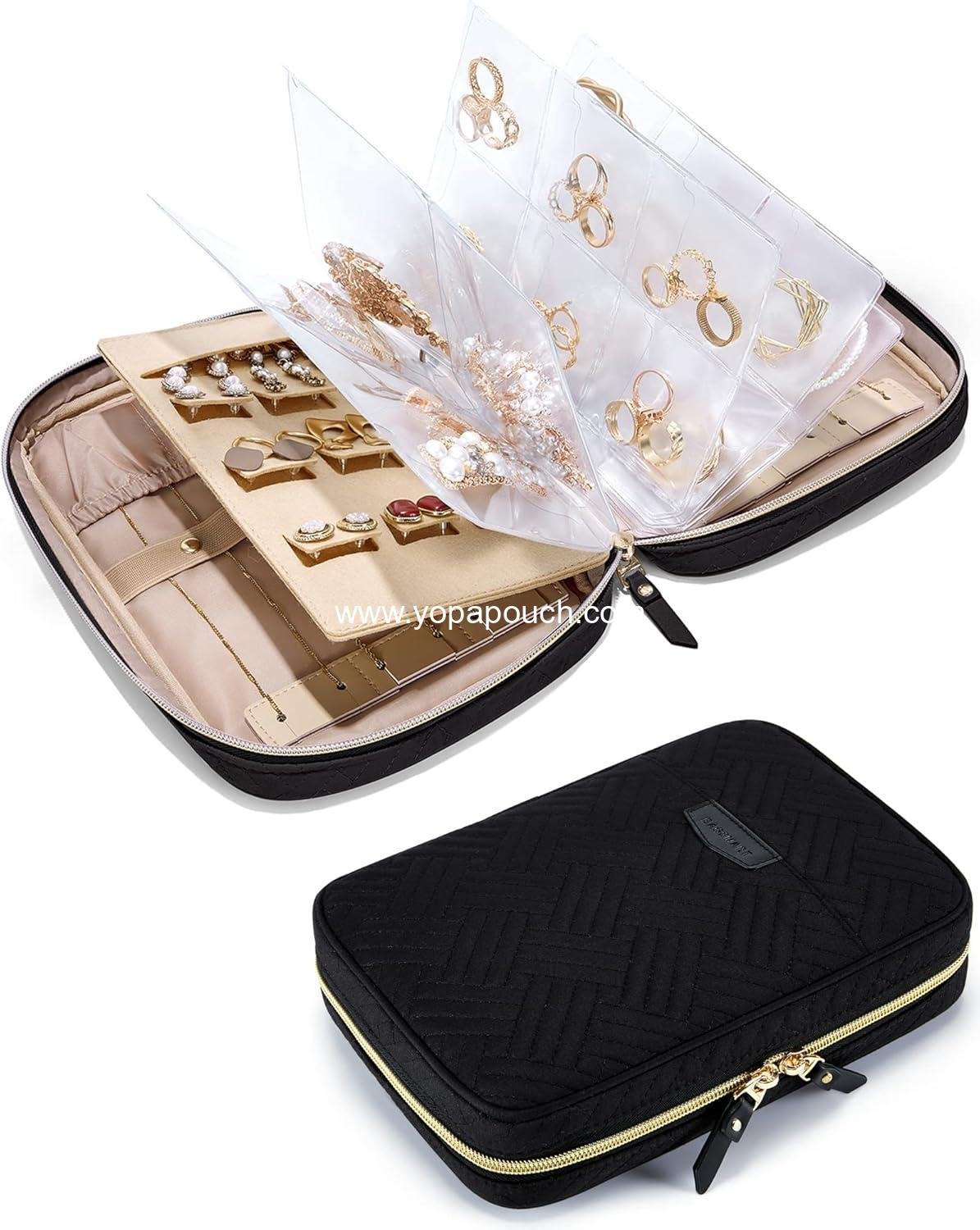 OEM Jewelry Travel Organizer Case - Home Storage for Rings, Necklaces, Earrings, Bracelets - Clear Bags and Zipper Rolls - Black Supplier