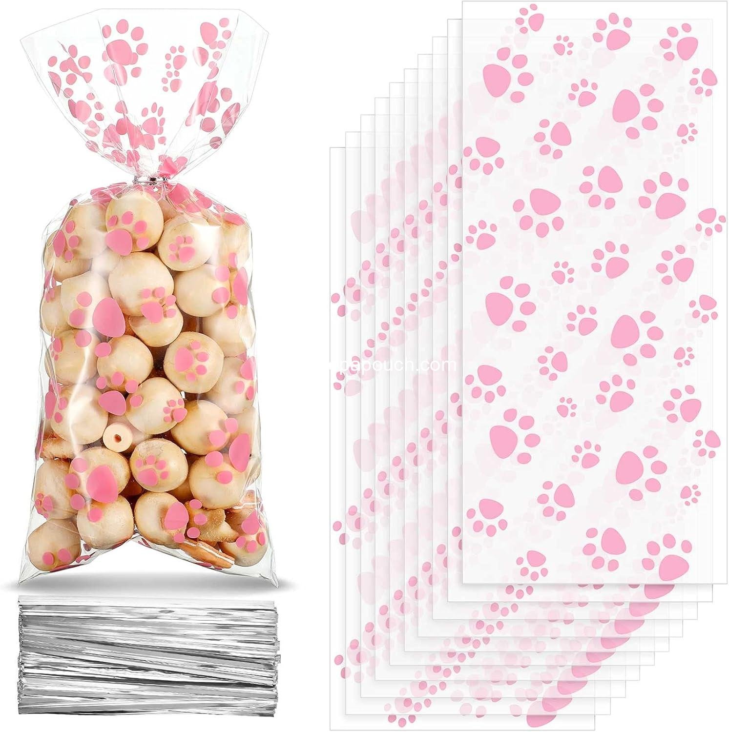 Wholesale 100 Pieces Dog Treat Bags for Puppy Party Favors, Pet Paw Cone Cellophane Bags, Heat Sealable with 100 Silver Twist Ties for Pet Cat Treat Party Favors (Pink) - Supplier