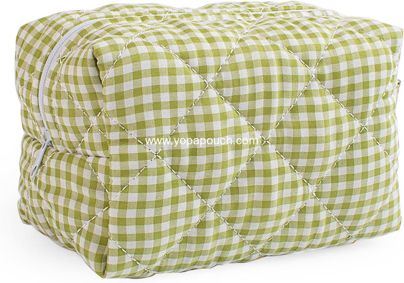 Wholesale Handmade Makeup Bag, Zipped Skincare Organizer Pouch, Cotton Travel Cosmetic Bag, Small Gingham Beauty Purse for Women Girls, Supplier