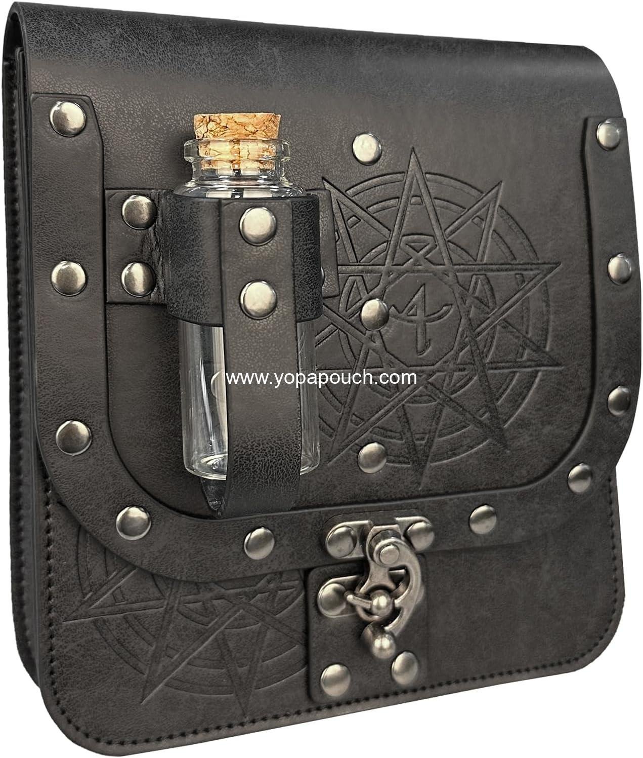 Wholesale Medieval Alchemy Faux Leather Belt Bag with Cork Potion Vials, Fantasy Wizard Waist Pouch Side Pack for Halloween, Black Color - Supplier