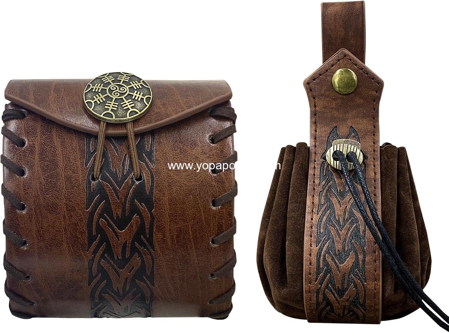 Wholesale Medieval Faux Leather Belt Bag and Renaissance Drawstring Pouch Dice Bag - Vintage Side Pack Coin Purse for LARP (Brown A) Supplier