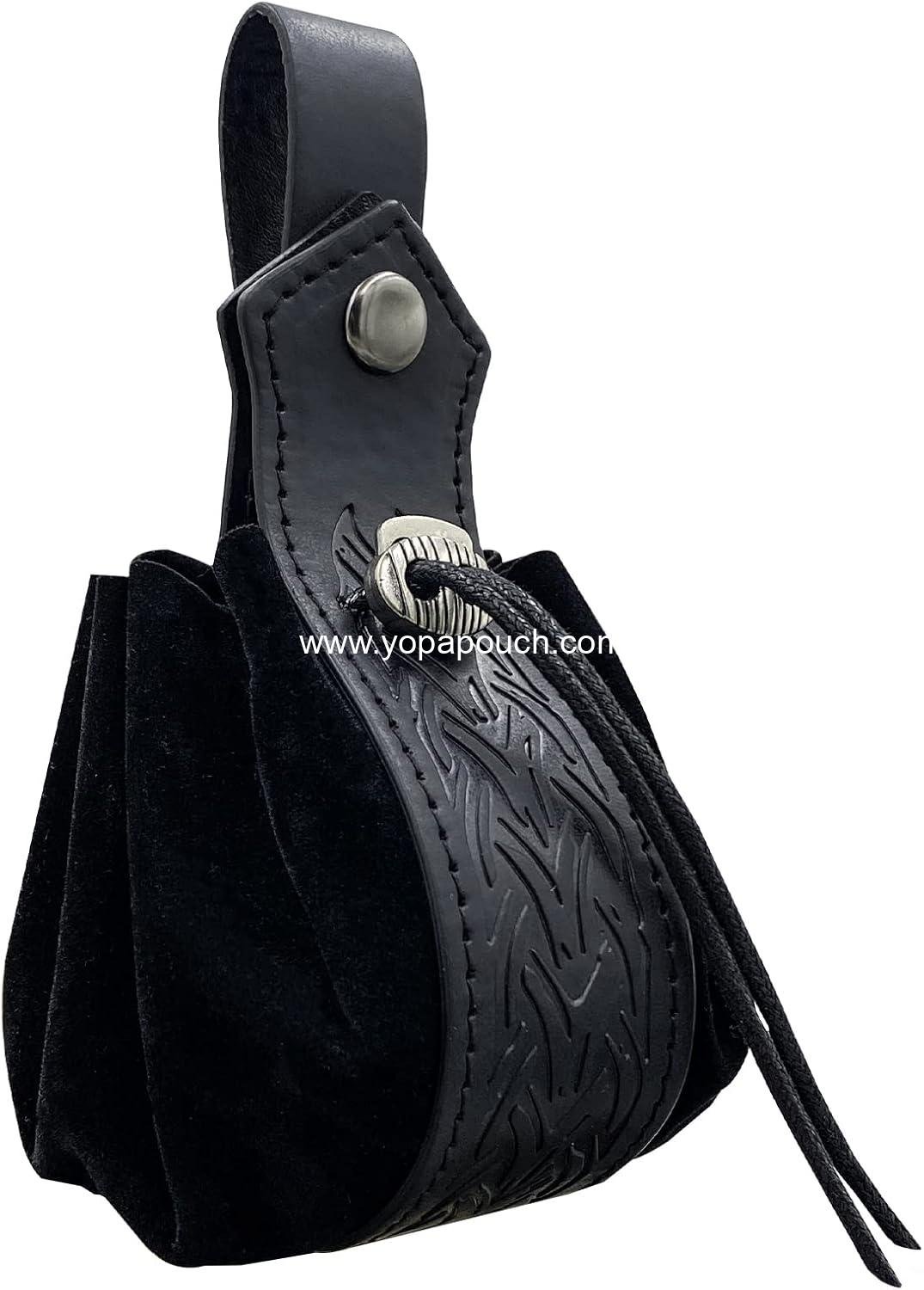 Wholesale Medieval Faux Leather Drawstring Pouch, Retro Portable Coin Purse, Vintage Belt Pouch Dice Bag for LARP Ren Faire (Black B) Supplier