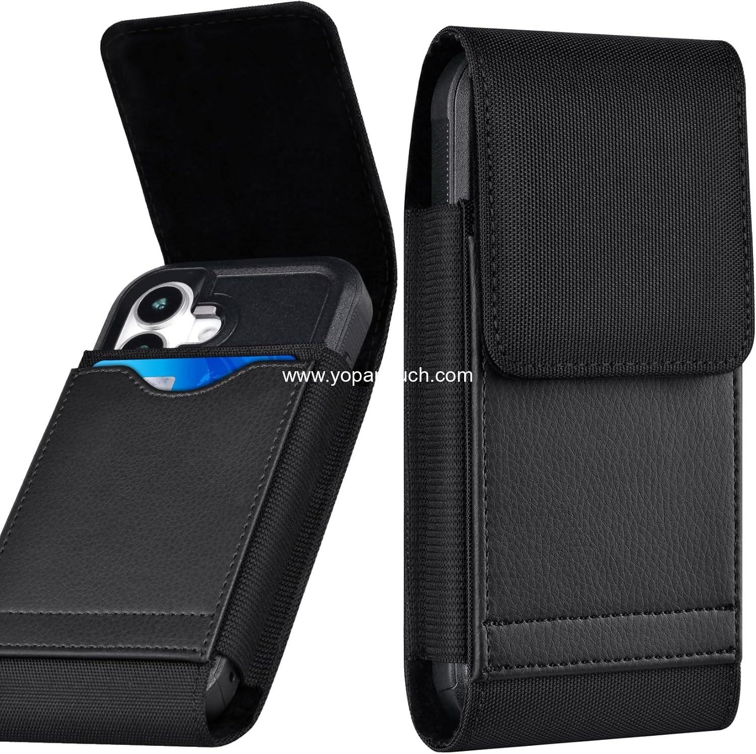 Wholesale Nylon Cell Phone Belt Holder Case with Clip and Leather Card Pouch Compatible with iPhone 16 15 14 13 12 Pro and Galaxy S25 S24 S23 S22 S21 S20 for Men, Black - Supplier