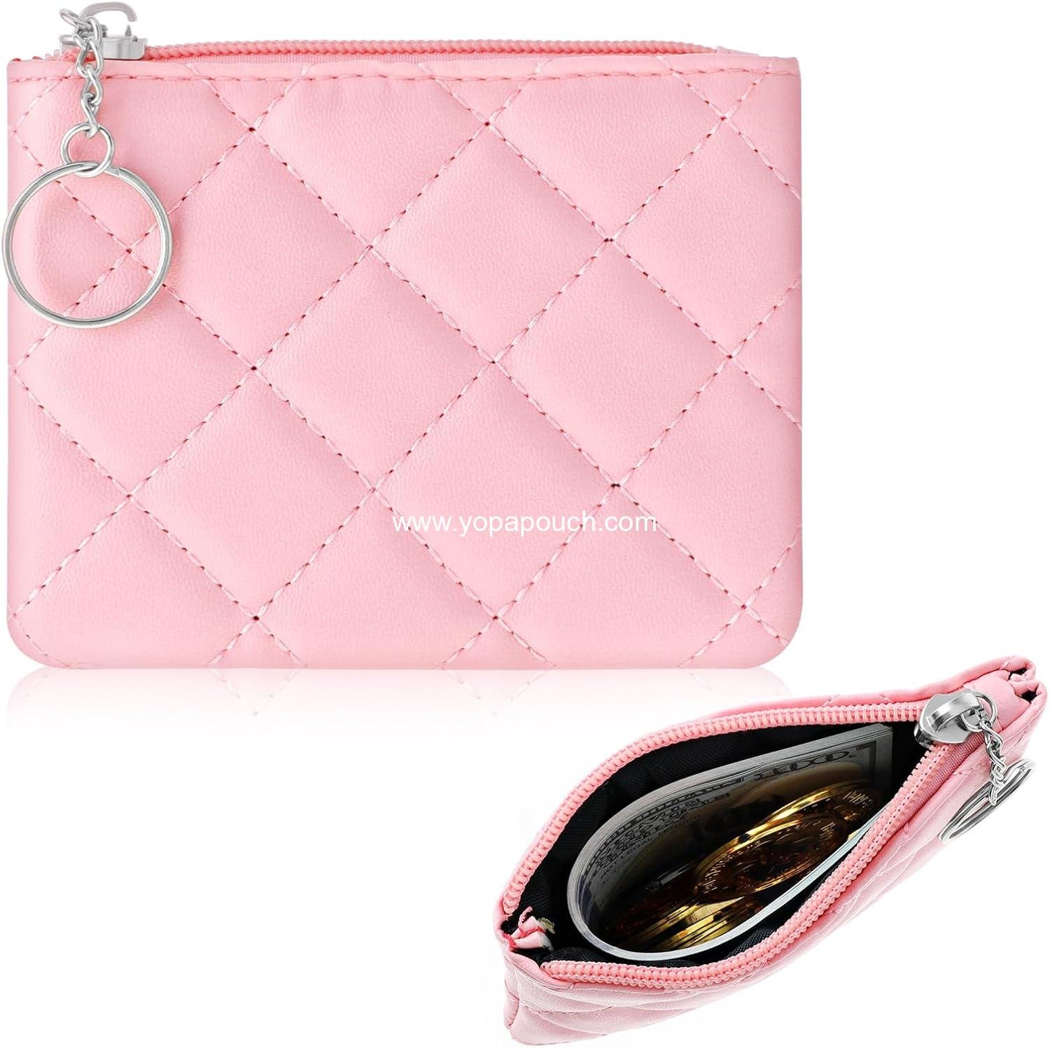 Wholesale Pink Zipper Coin Purse for Women - Rhombus PU Leather Mini Coin Bag with Keyring - Cute Change Pouch for Girls - ODM Supplier