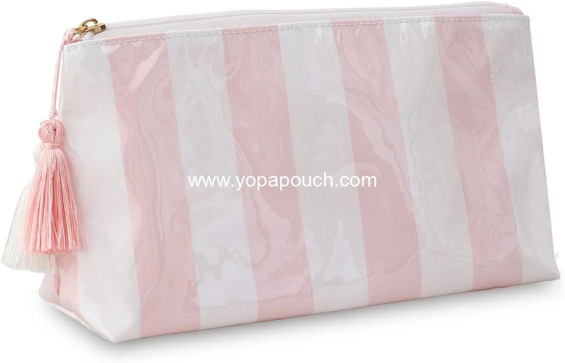 Wholesale Small Clear Coated Cosmetic Bags, Waterproof Travel Organizer Zipper Pouch for Women and Girls, Perfect for Beach Vacation Essentials (White-Pink) - Supplier