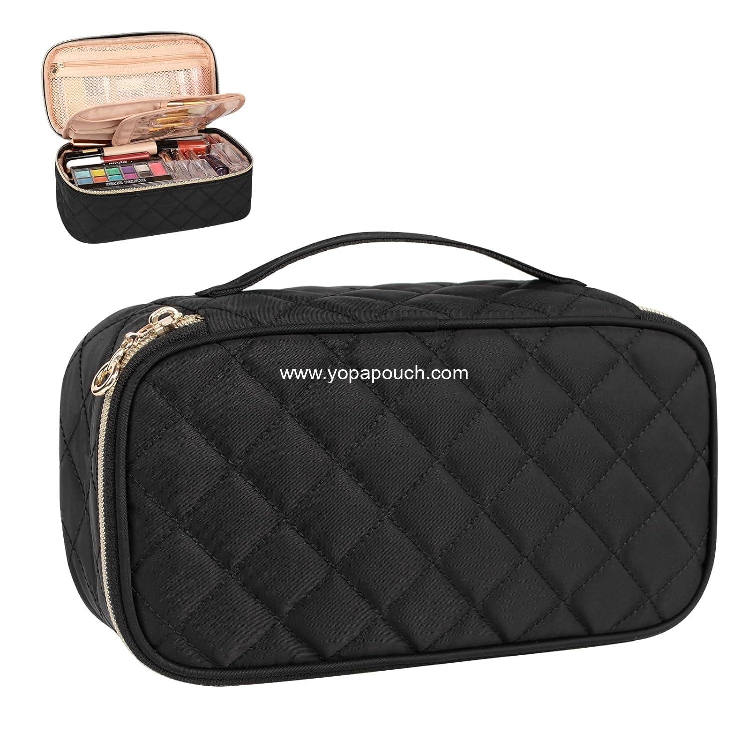 Wholesale Small Travel Makeup Bag with Brush Compartment - Portable Cosmetic Organizer for Women, Pouch with Dividers, Cute Toiletry Bag for Girls - Black Supplier