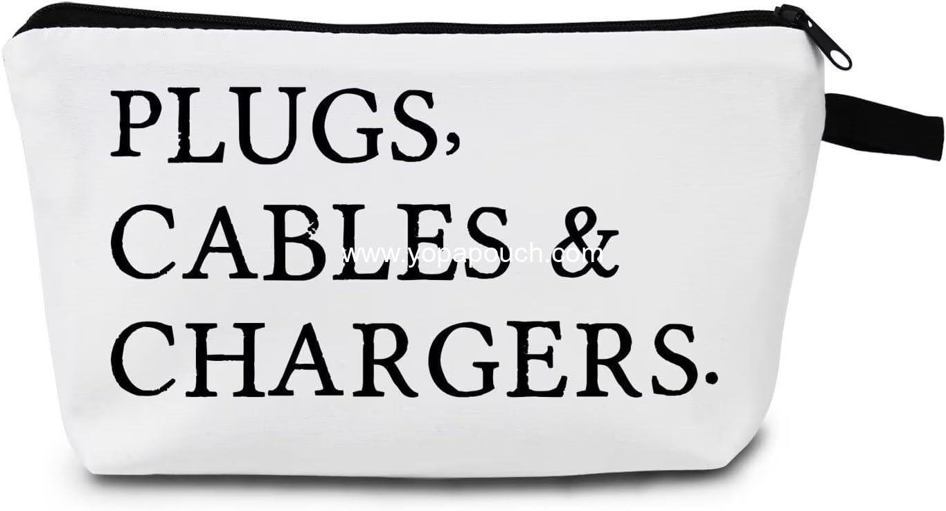 Wholesale Small Zipper Cosmetic Bag for Women - Travel Organizer Makeup and Toiletry Kit with PLUGS, CABLES & CHARGERS Text Print - Supplier