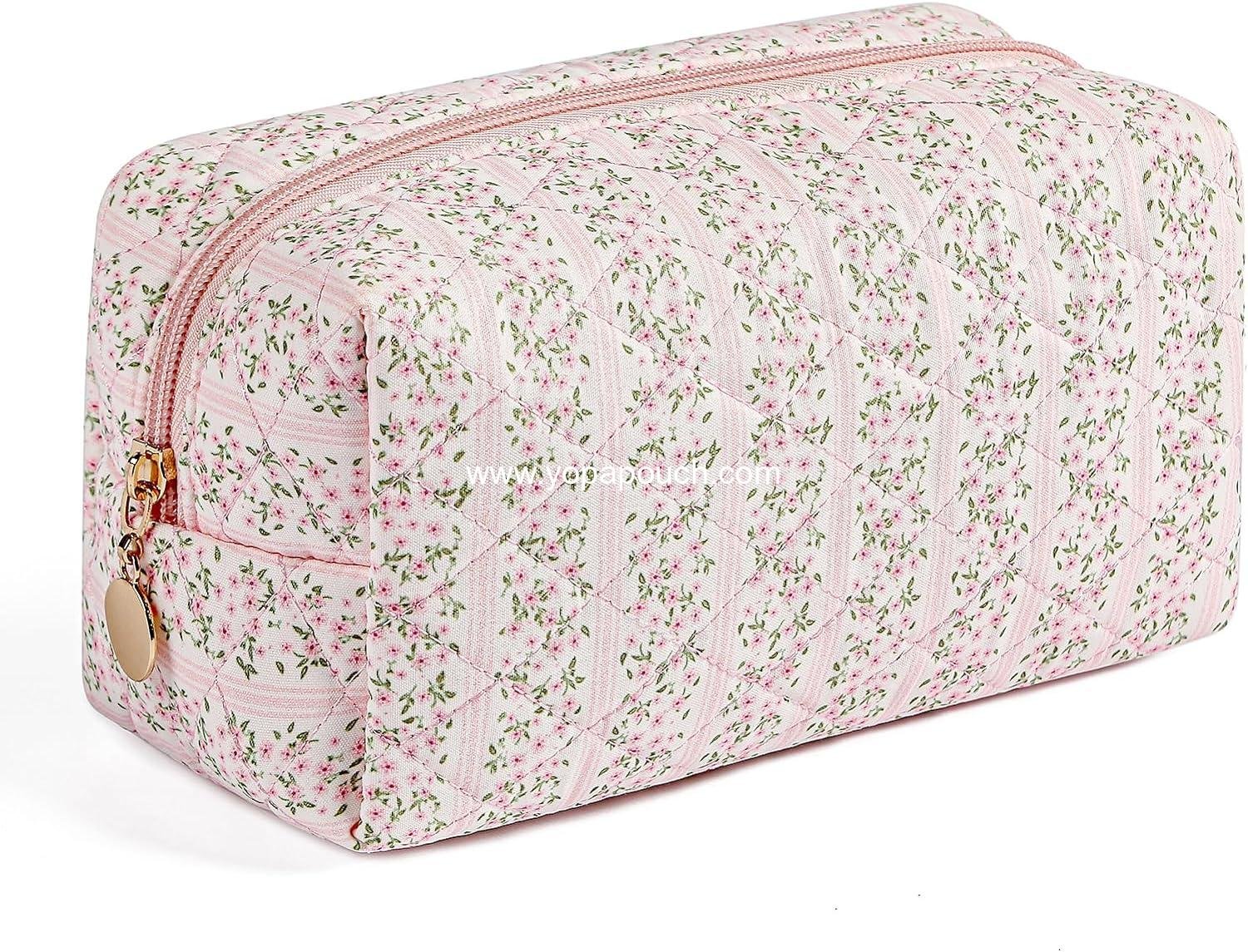 Wholesale Square Makeup Bag Cute Floral Cosmetic Pouch for Women, Aesthetic Toiletry Organizer, Zipper Travel Makeup Bag (Pink Floral) Supplier