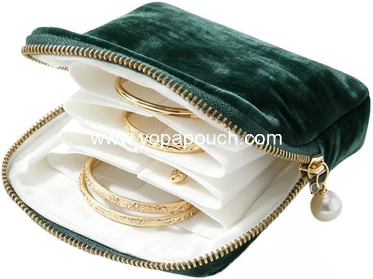 Wholesale Travel Jewelry Case - Portable Zippered Pocket Organizer for Bracelets, Rings, and Earrings - Velvet Storage Bag (Green) - Supplier