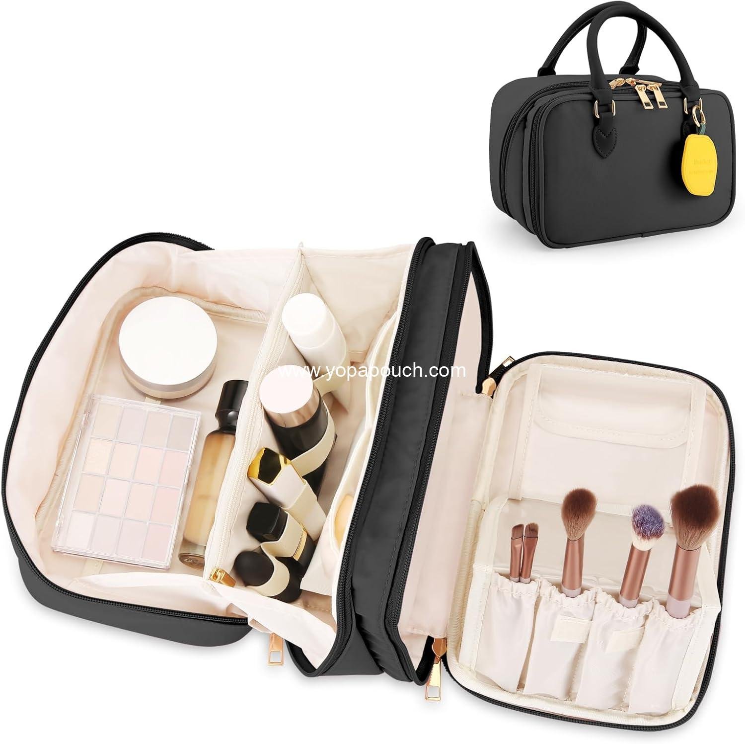 Wholesale Travel Makeup Bag for Women - Large Capacity Portable Organizer, Waterproof Open Flat Cosmetic Pouch, Vertical Free-Standing Brush Holder for Easy Access - Black Manufacturer