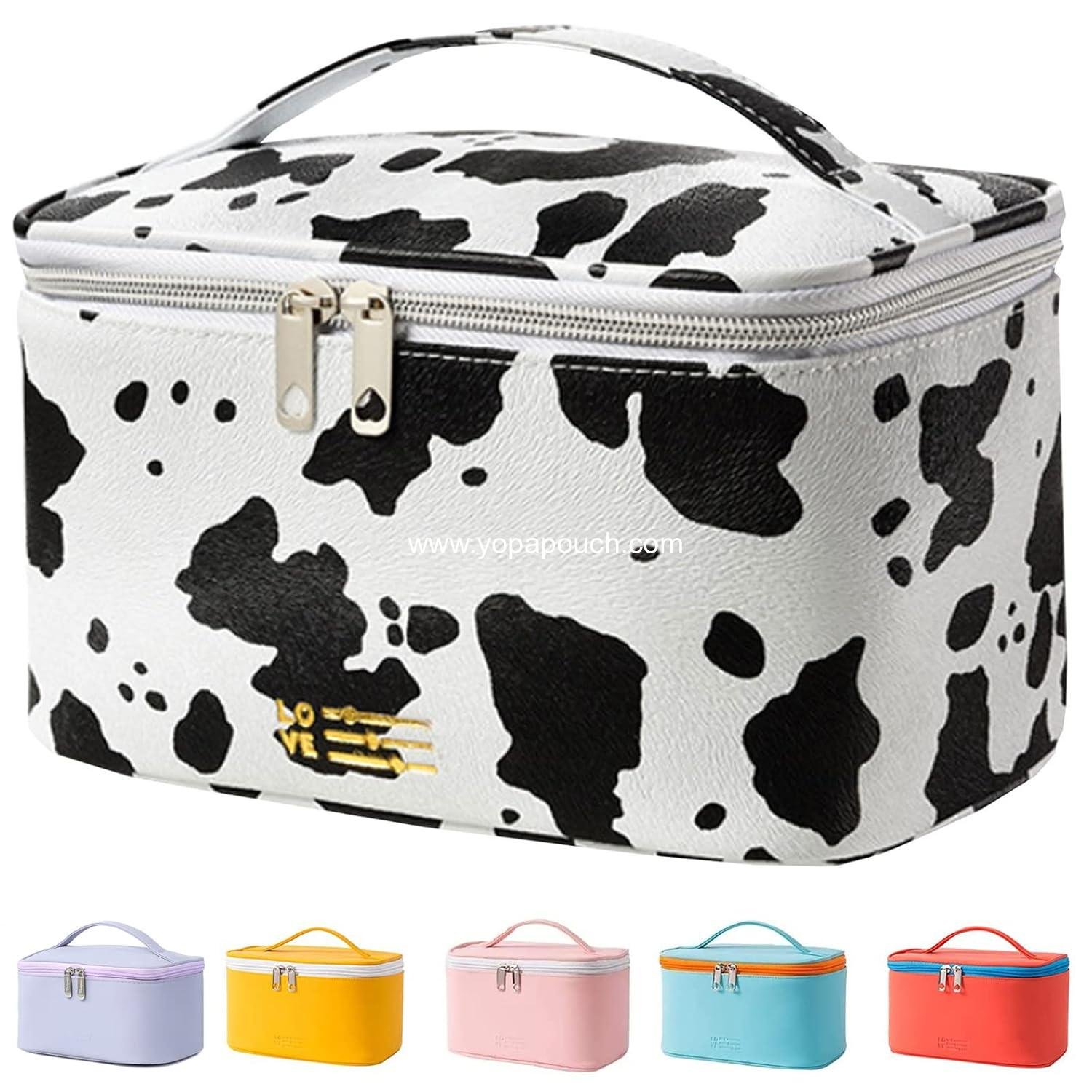 Wholesale Waterproof Makeup Bag Portable Travel Cosmetic Bag with Brush Holder and Handle Print Cow Factory