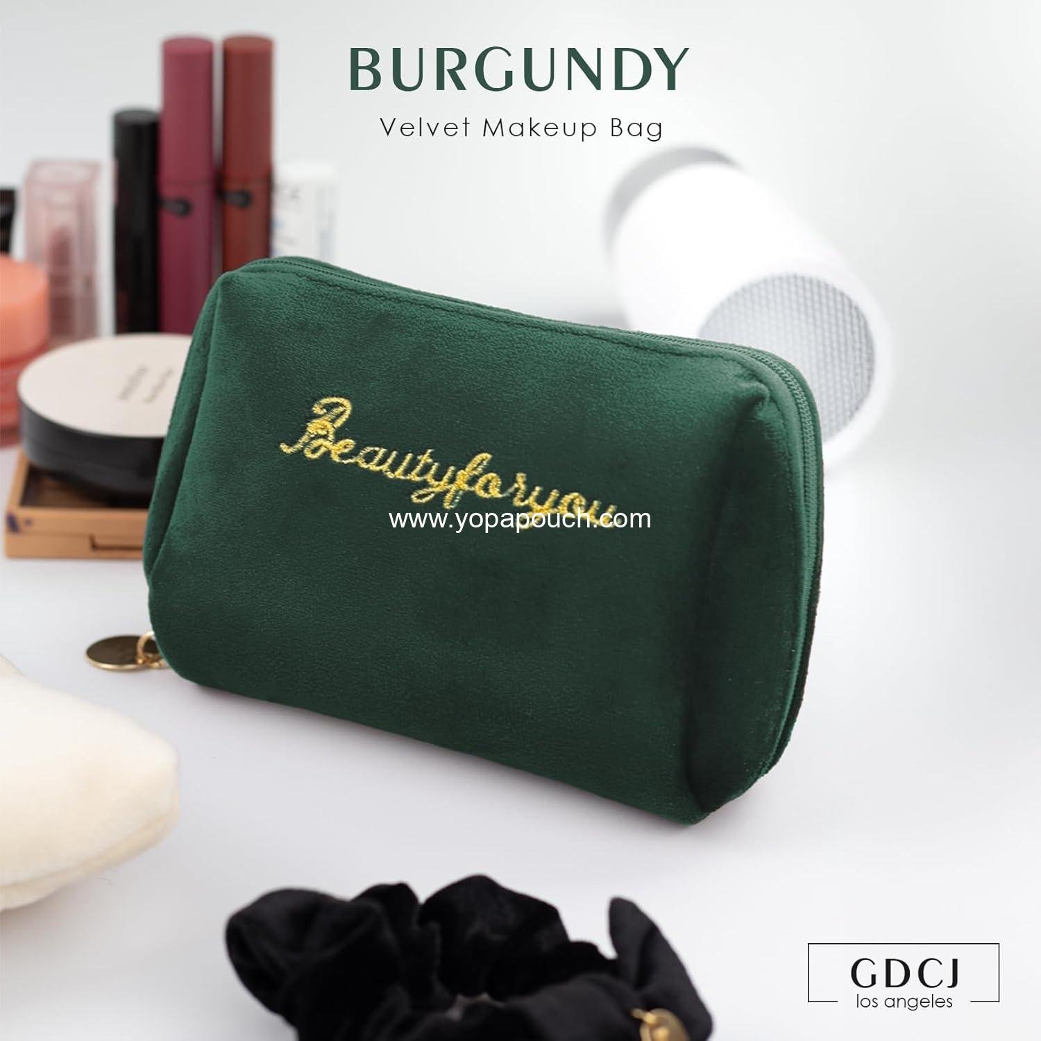 Wholesale Velvet Makeup Bag Portable Zipper Cosmetic Pouch Cute Flannel Toiletry Travel Storage Bag Gifts for Women Girls (Green) Supplier