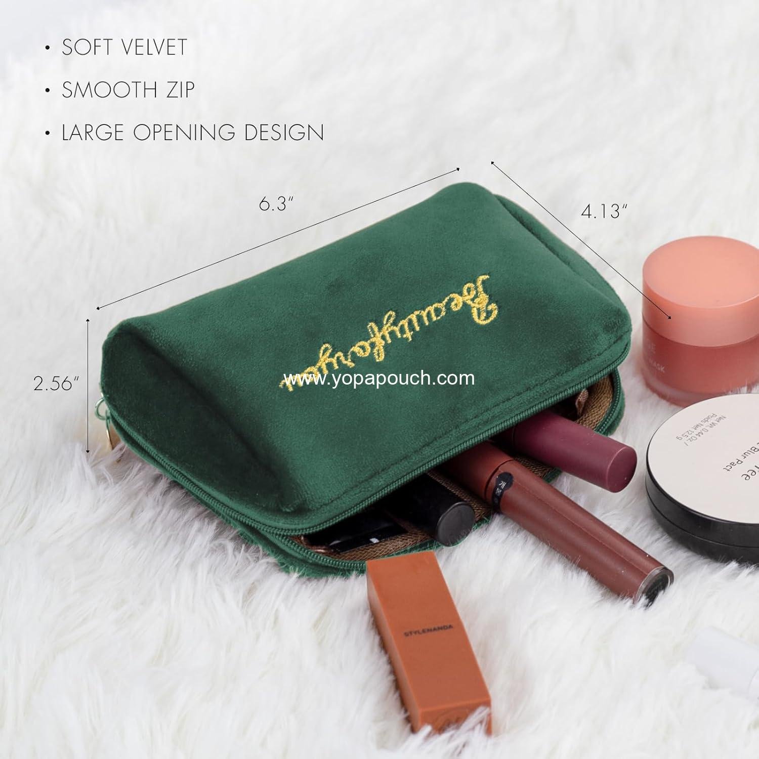 Wholesale Velvet Makeup Bag Portable Zipper Cosmetic Pouch Cute Flannel Toiletry Travel Storage Bag Gifts for Women Girls (Green) Supplier