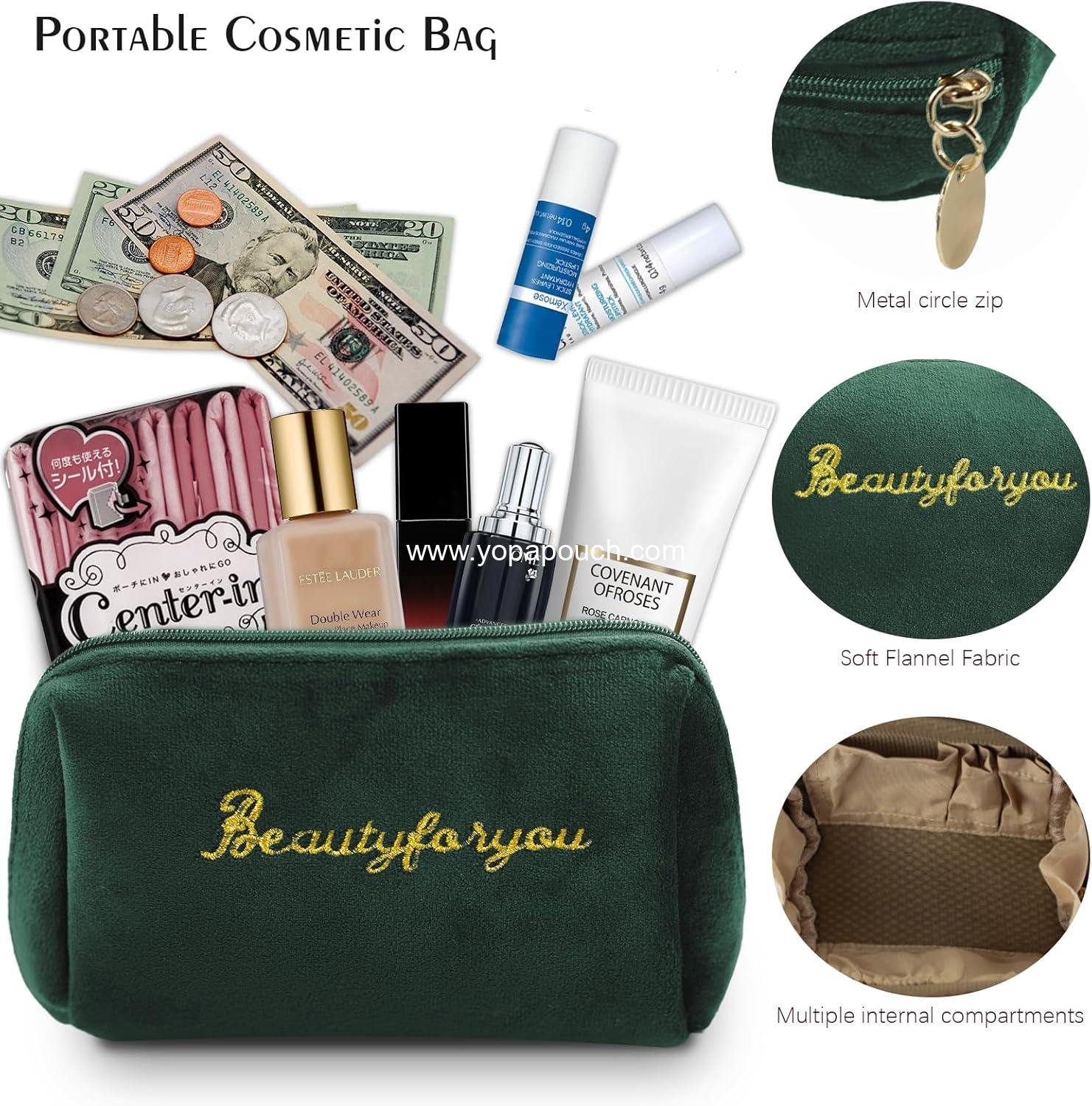 Wholesale Velvet Makeup Bag Portable Zipper Cosmetic Pouch Cute Flannel Toiletry Travel Storage Bag Gifts for Women Girls (Green) Supplier