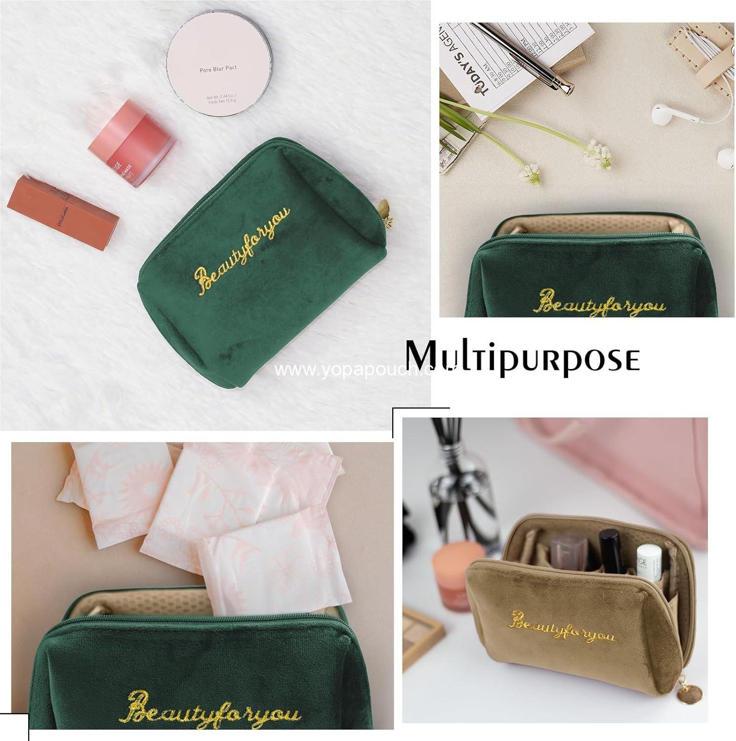 Wholesale Velvet Makeup Bag Portable Zipper Cosmetic Pouch Cute Flannel Toiletry Travel Storage Bag Gifts for Women Girls (Green) Supplier