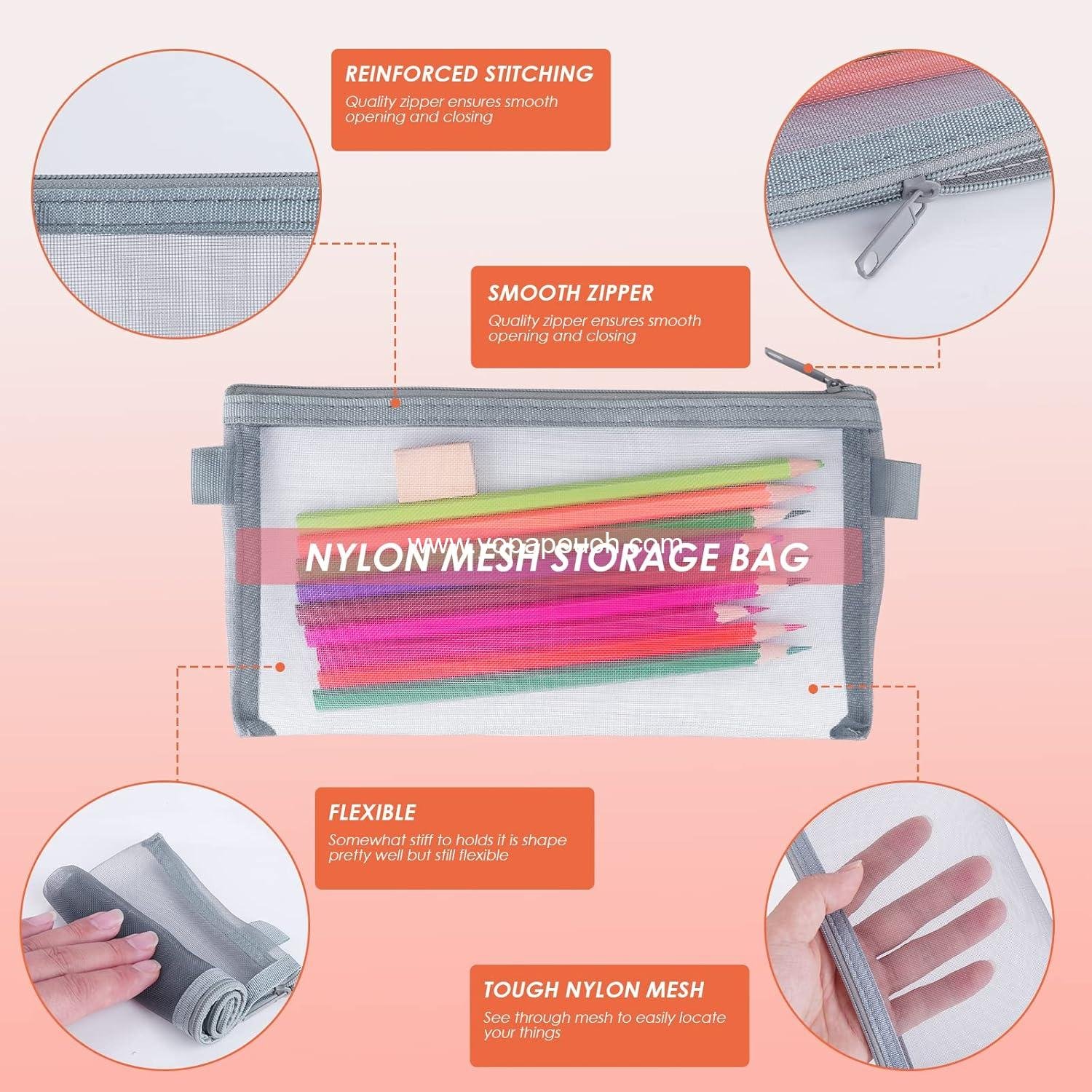 Wholesale 3-Piece Clear Makeup and Pencil Pouch Set, Nylon Mesh Zipper Cases for Stationery and Cosmetics Storage, Travel Accessories (Black, White, Grey) Supplier