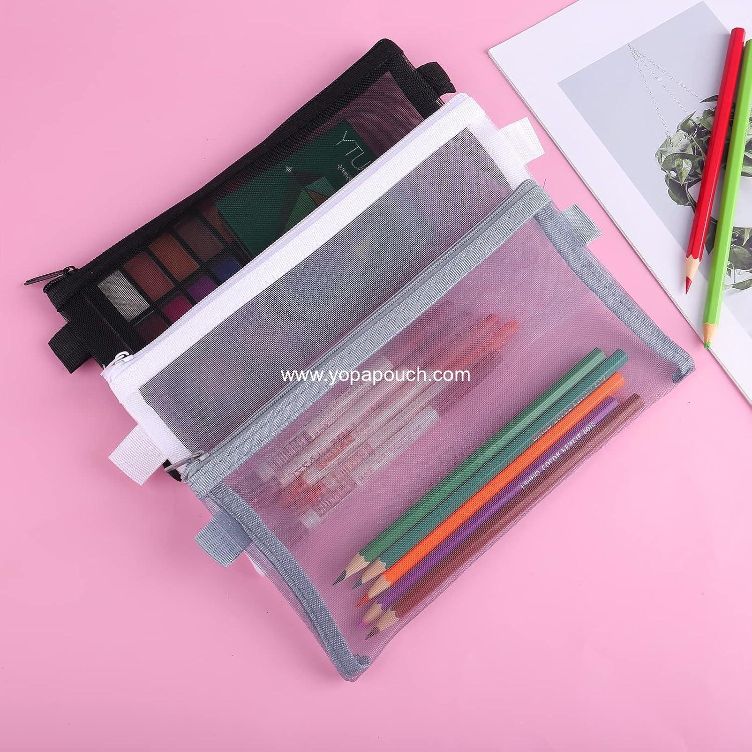 Wholesale 3-Piece Clear Makeup and Pencil Pouch Set, Nylon Mesh Zipper Cases for Stationery and Cosmetics Storage, Travel Accessories (Black, White, Grey) Supplier