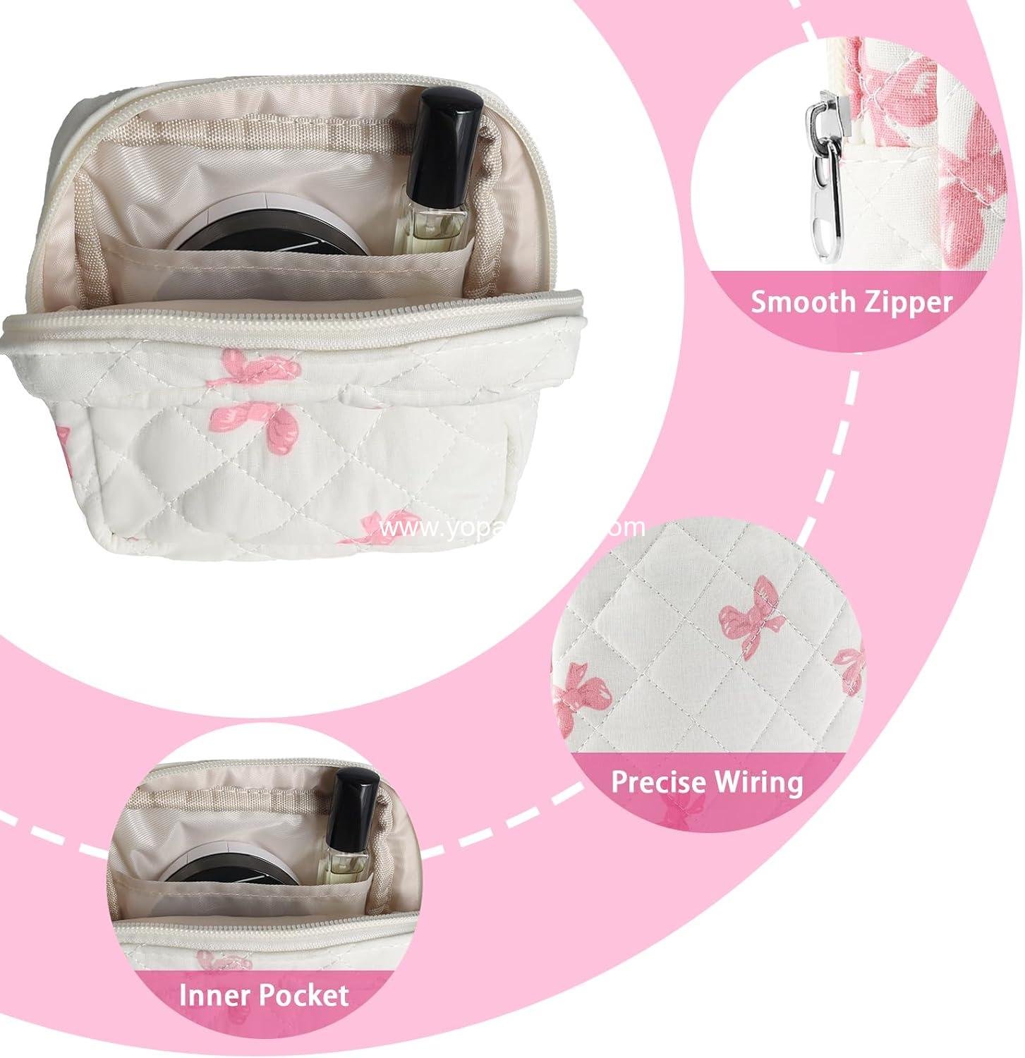 Wholesale Small Quilted Cotton Makeup Bag Mini Cosmetic Period Pouch for Women Cute Pink Bow Portable Travel Toiletry Bag with Zipper Ideal for Christmas or Birthday Gifts Supplier