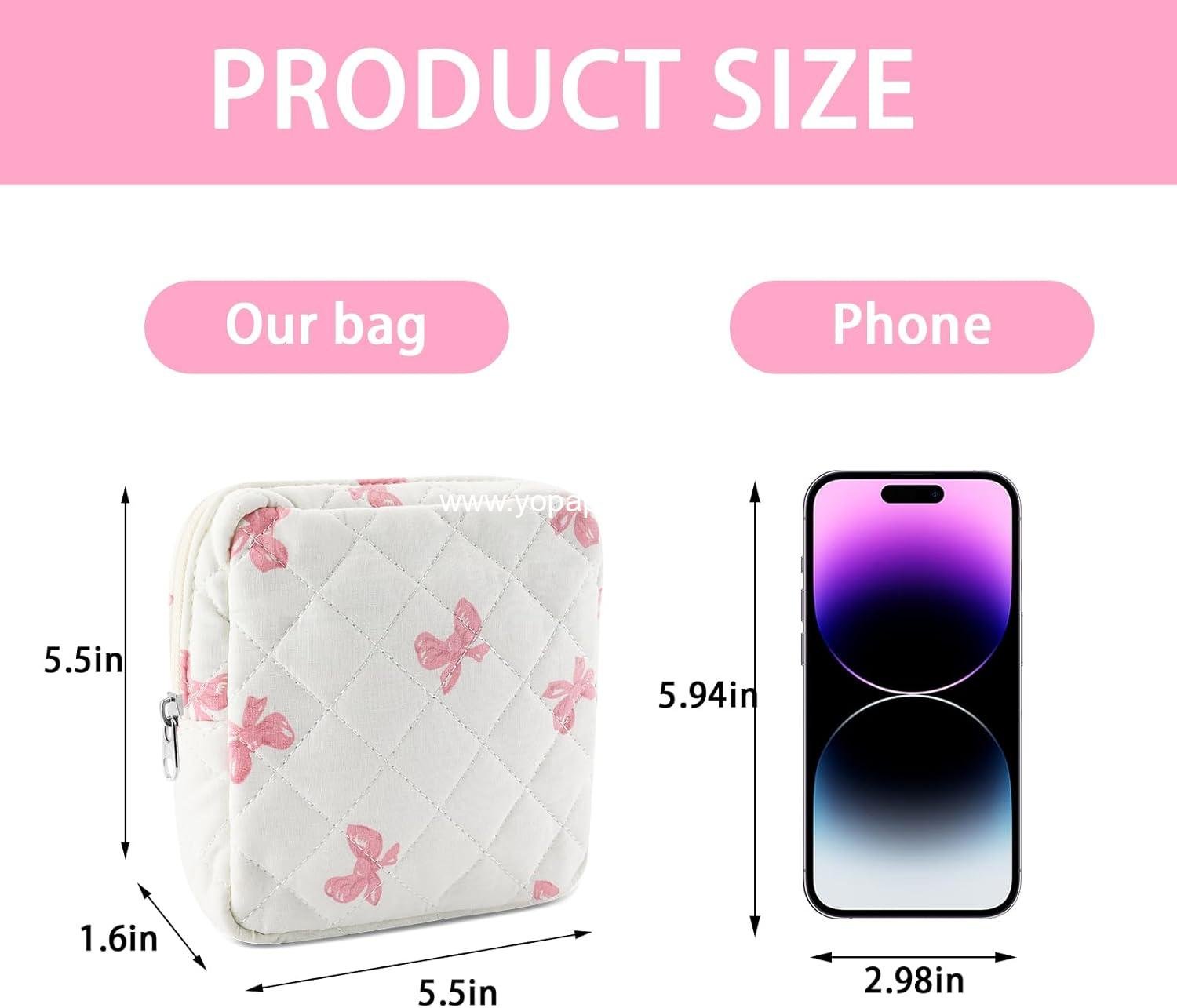Wholesale Small Quilted Cotton Makeup Bag Mini Cosmetic Period Pouch for Women Cute Pink Bow Portable Travel Toiletry Bag with Zipper Ideal for Christmas or Birthday Gifts Supplier