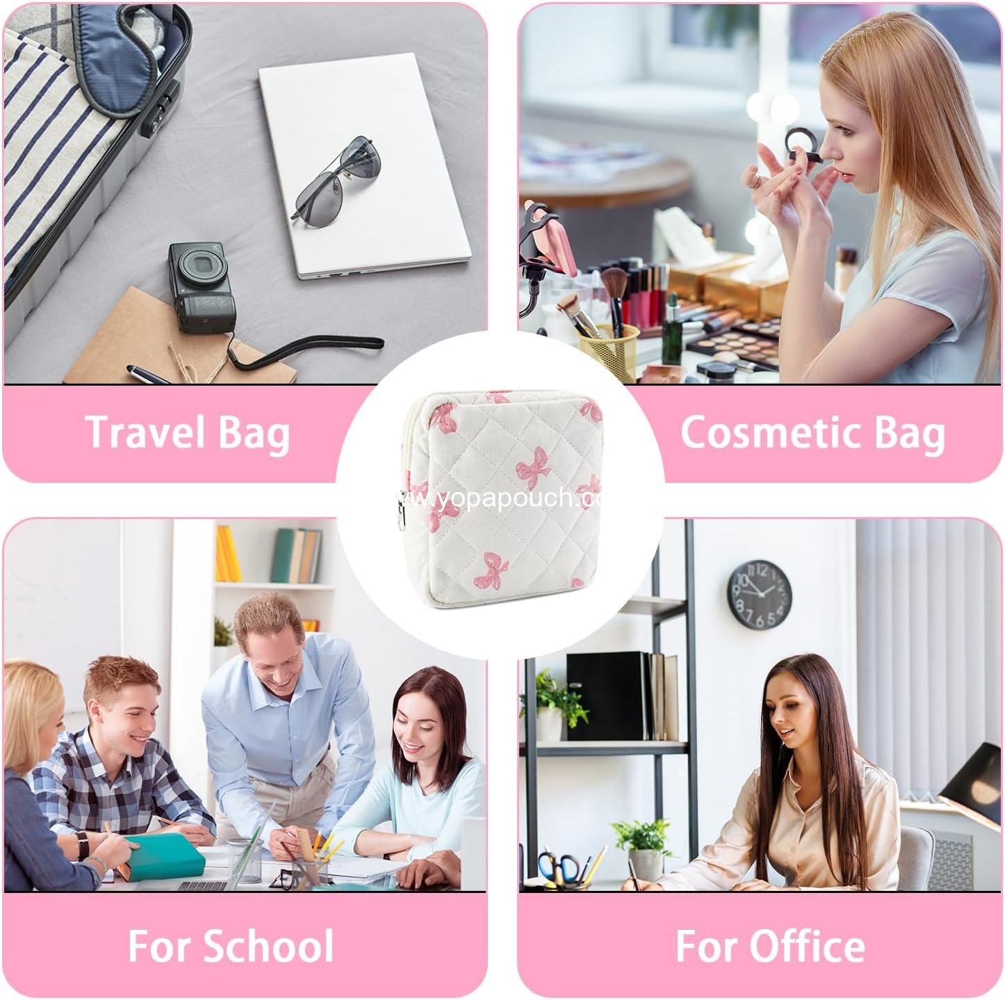 Wholesale Small Quilted Cotton Makeup Bag Mini Cosmetic Period Pouch for Women Cute Pink Bow Portable Travel Toiletry Bag with Zipper Ideal for Christmas or Birthday Gifts Supplier