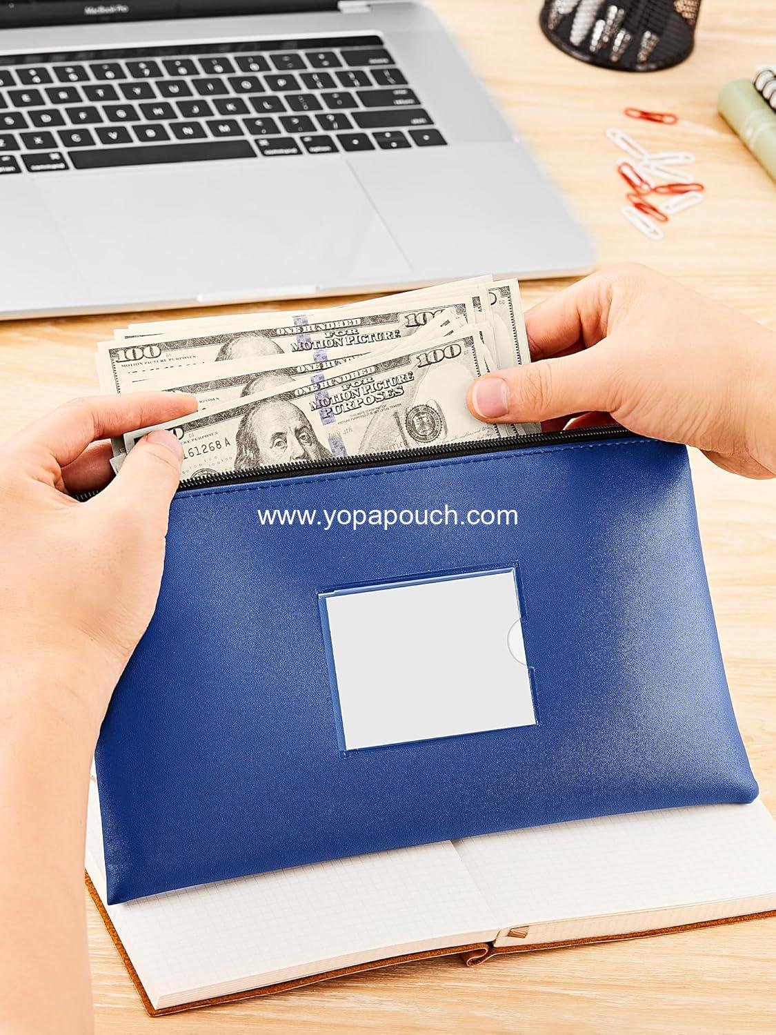 Wholesale 2-Pack PU Leather Zipper Bank Deposit Money Bags with Labels for Coins Cosmetics Invoices Bills Tools 11.5 x 6.2 Inches Navy Blue Red Supplier