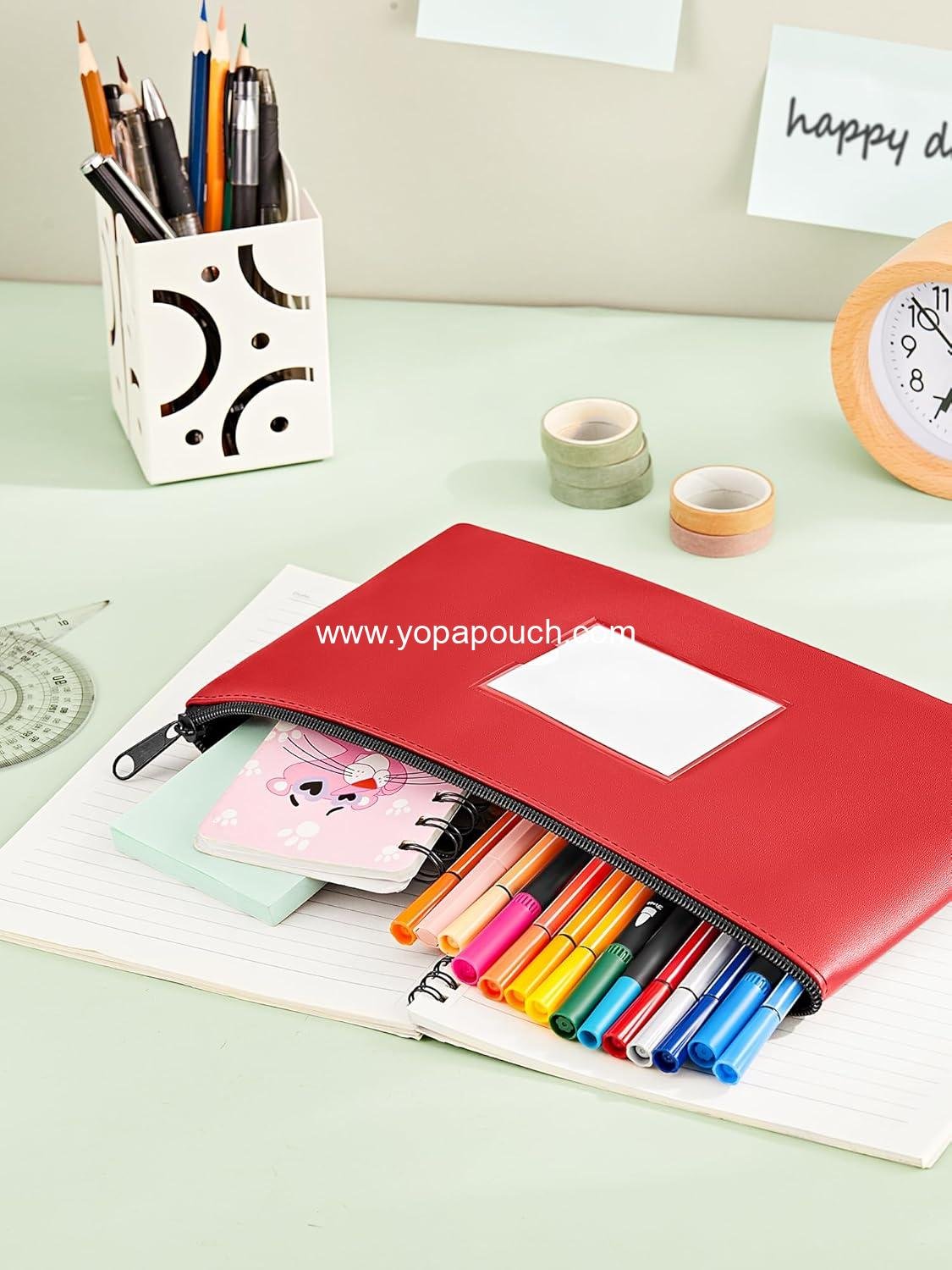 Wholesale 2-Pack PU Leather Zipper Bank Deposit Money Bags with Labels for Coins Cosmetics Invoices Bills Tools 11.5 x 6.2 Inches Navy Blue Red Supplier