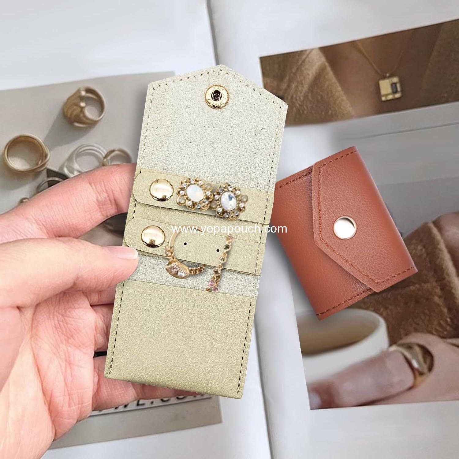 Wholesale Mini Foldable Travel Jewelry Roll Bag with Buckle Small Case for Rings Necklaces Earrings Brown Supplier