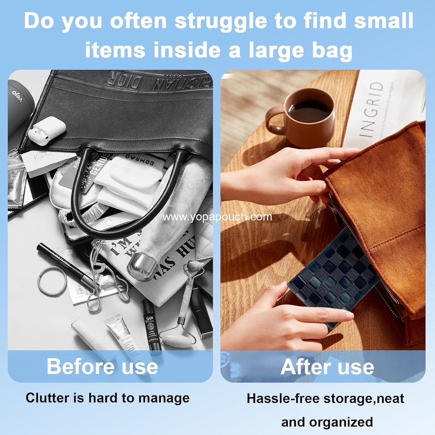 Wholesale 2PCS Small Mini Leather Makeup Bags for Purse Waterproof No Zipper Cosmetic Pouch Women Coin Lipstick Checkered Travel Storage Black Supplier