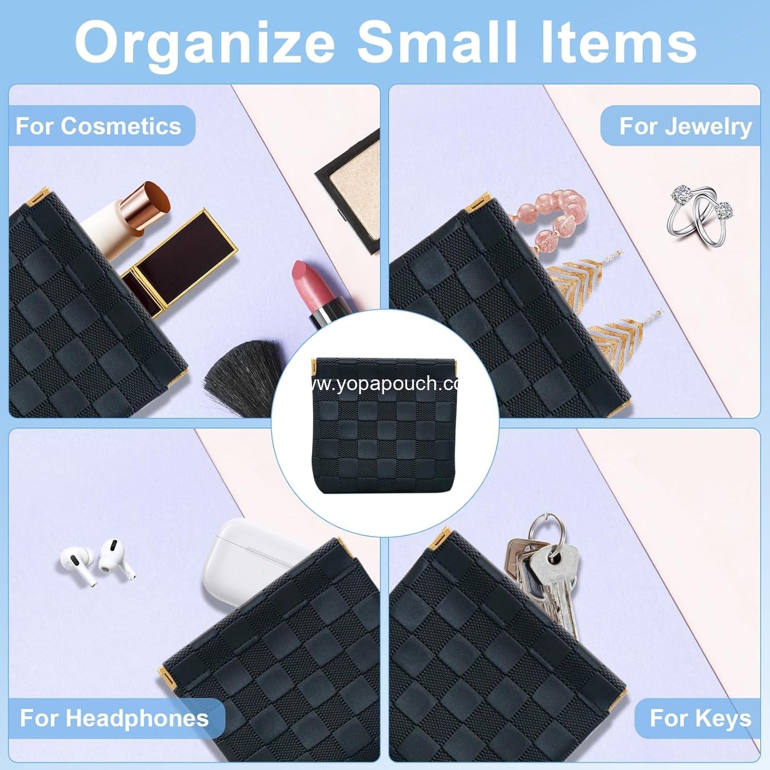 Wholesale 2PCS Small Mini Leather Makeup Bags for Purse Waterproof No Zipper Cosmetic Pouch Women Coin Lipstick Checkered Travel Storage Black Supplier