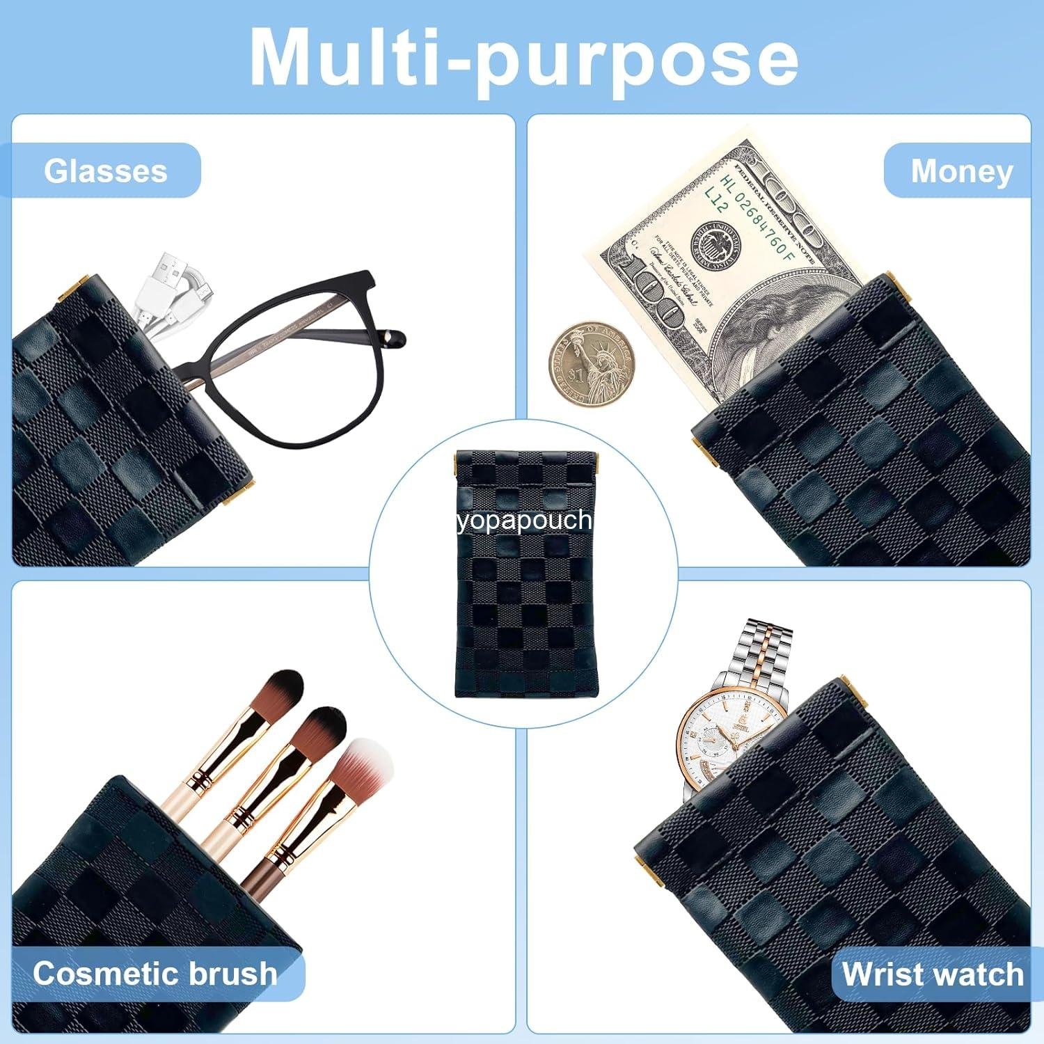 Wholesale 2PCS Small Mini Leather Makeup Bags for Purse Waterproof No Zipper Cosmetic Pouch Women Coin Lipstick Checkered Travel Storage Black Supplier