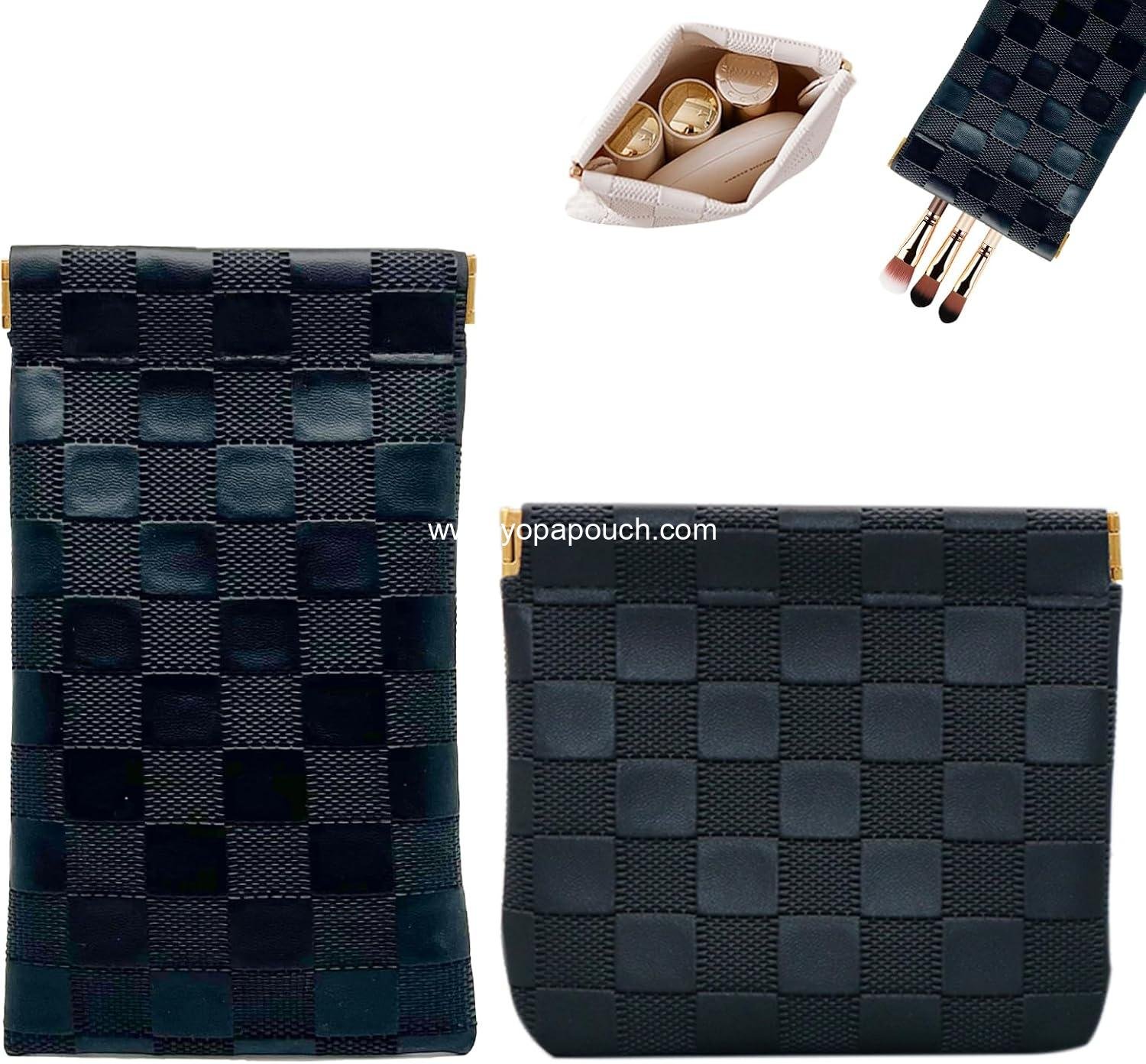 2PCS Small Makeup Bag for Purse, Mini Leather Pocket Cosmetic Bag for Women, Waterproof Portable Makeup Pouch No Zipper Coin Purse Lipstick Bag Accessories, Checkered Travel Storage Bag (Black)