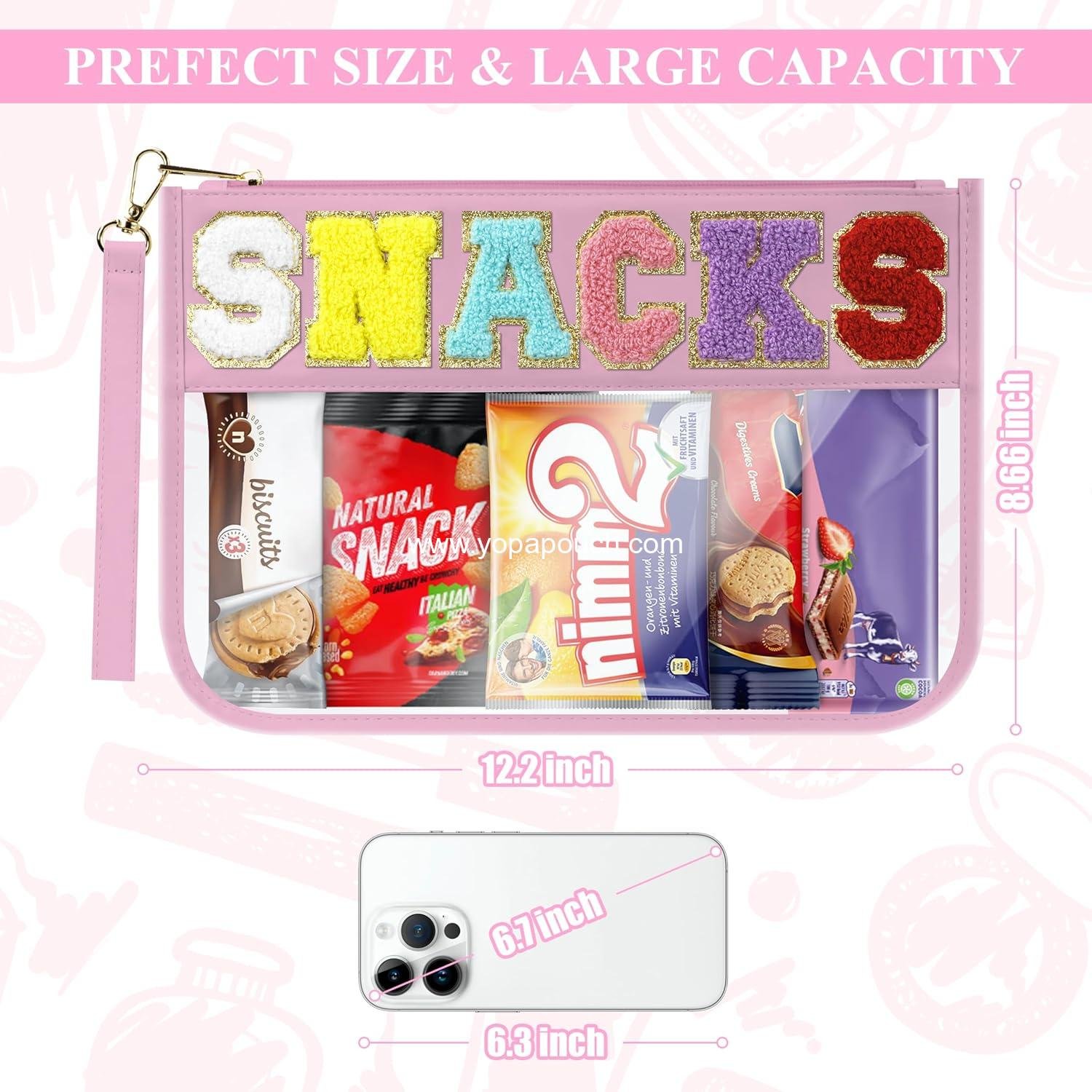 Wholesale Clear Chenille Letter Zipper Pouch Snack Bag for Travel Makeup Waterproof Cosmetic Tote Pink Supplier