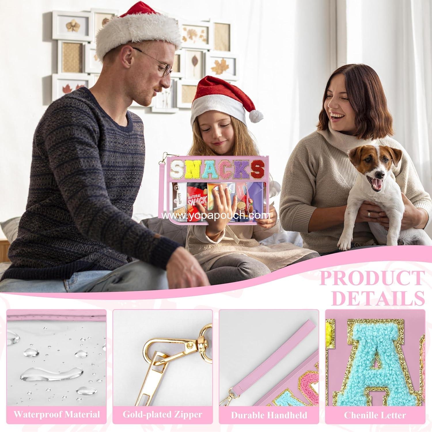 Wholesale Clear Chenille Letter Zipper Pouch Snack Bag for Travel Makeup Waterproof Cosmetic Tote Pink Supplier